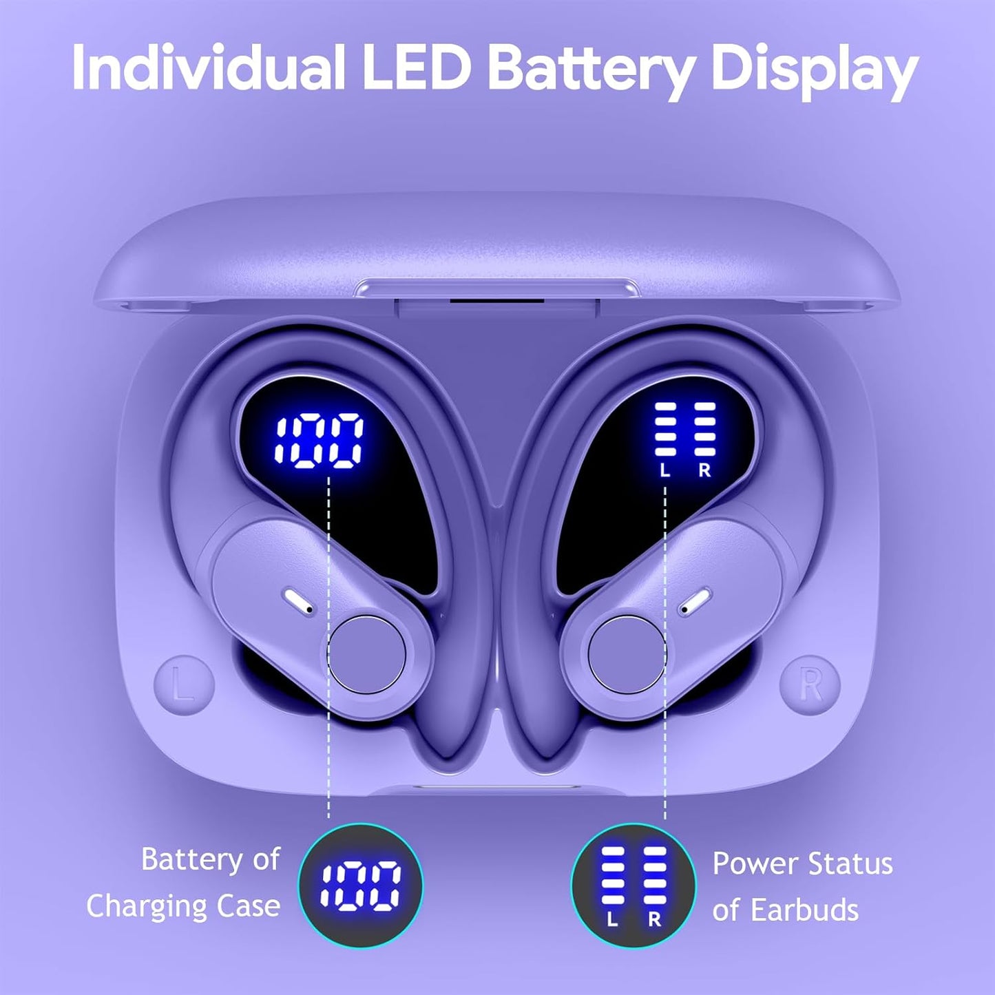 GOLREX Active Noise Cancelling Ear Buds Wireless Earbuds Bluetooth Headphones with 80H Playtime LED Display Wireless Charging Case, Over-Ear Hooks Earbud for Sports Running Gym Workout Purple