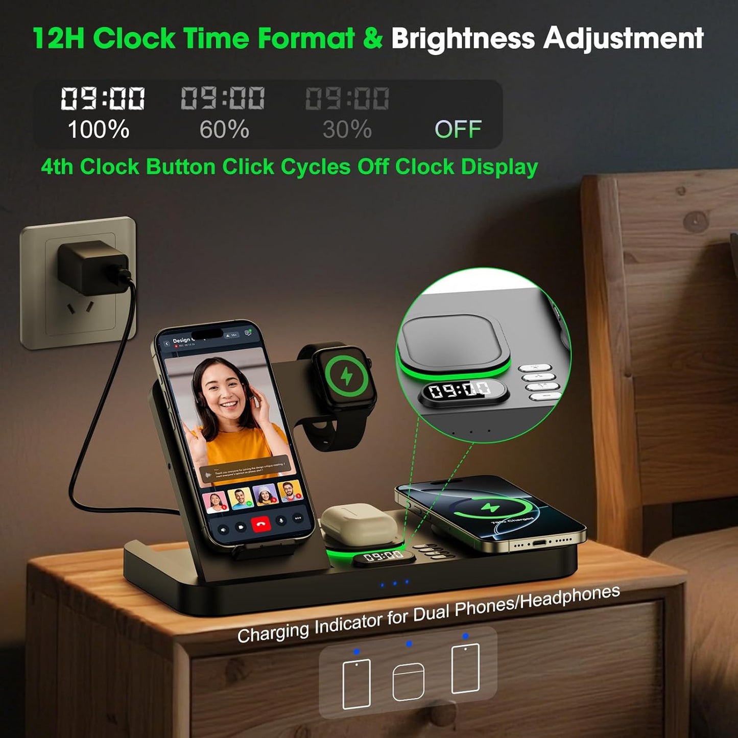 Dual Phone Wireless Charging Station for Apple Devices, Magnetic Charging Station for iPhone with Auto Switch 7-Color Light&Clock, Family Watch Charger for iPhone17 for iWatch10 for AirPods Pro3(Black