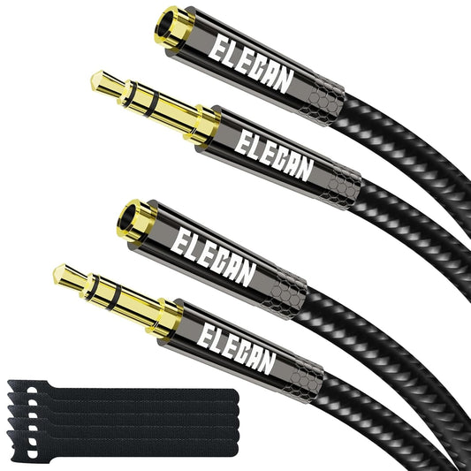 Elecan Headphone Extension Cable 2 Ft/2 Pack, 1/8 Inch 3.5 MM AUX Cord Wire Male to Female, Hi-Fi Sound Thin&Slim Braided TRS Stereo Audio Beats Cable Extender for Car,Home Stereos, Speaker,Phones