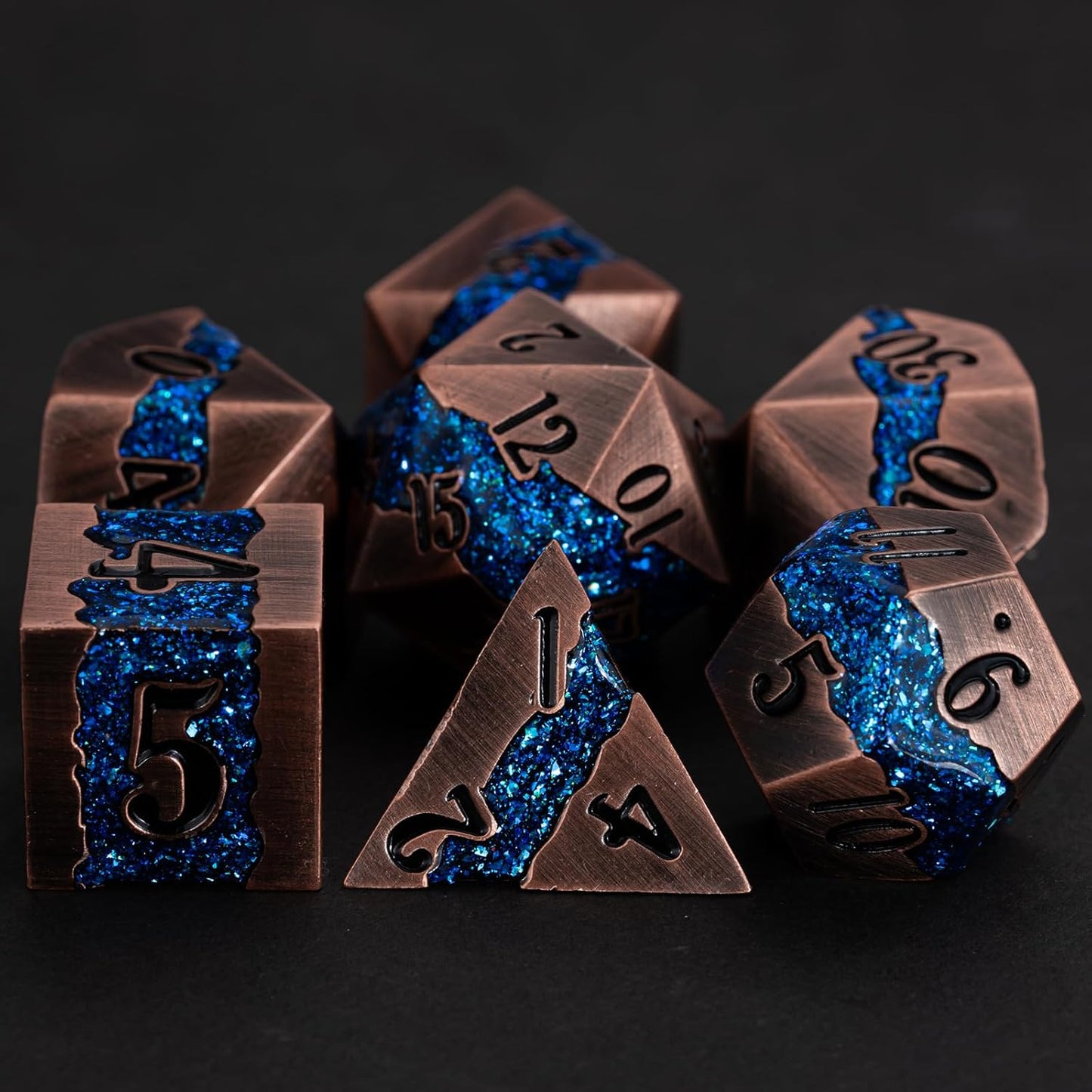 Metal DND Polyhedral Dice,Large Stripe Glitter Metallic Dice Set,Antique Silver Dice 7pcs Set for Role Playing Games(Antique Copper Blue)