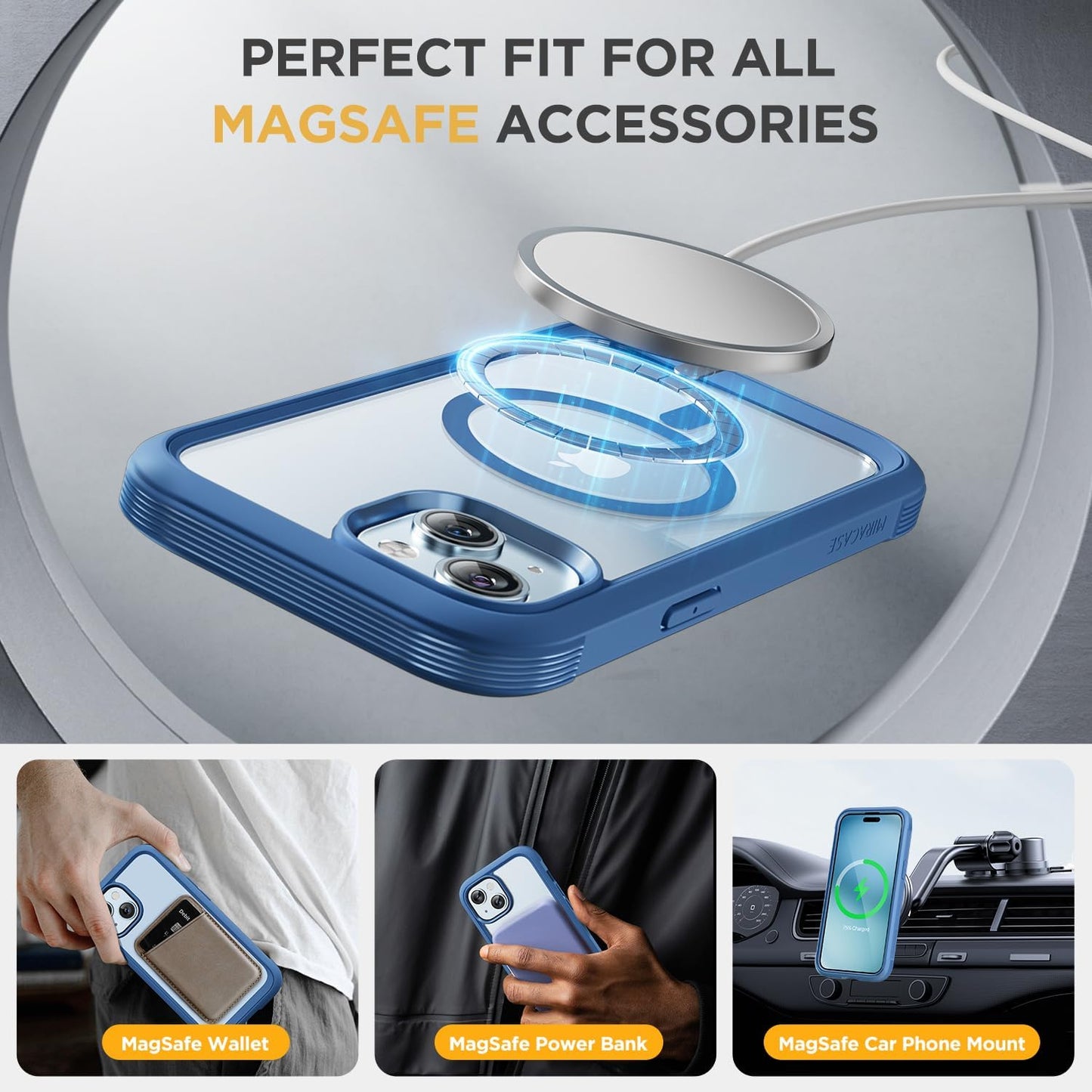 Miracase Magnetic for iPhone 14 Case 6.1", [Built-in Tempered Glass Screen Protector + Lens Protector] [Compatible with MagSafe] Full-Body Protective Bumper 14 Phone Cover, Blue