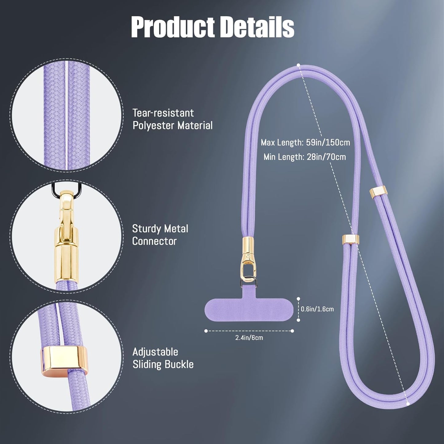 Phone Lanyard 2 Pack, 2x Adjustable Crossbody Phone Strap, 2x Tether Tab, Anti-theft Universal Cellphone Multifuctional Patch Lanyards for iPhone & Most Smartphones, Black + Purple