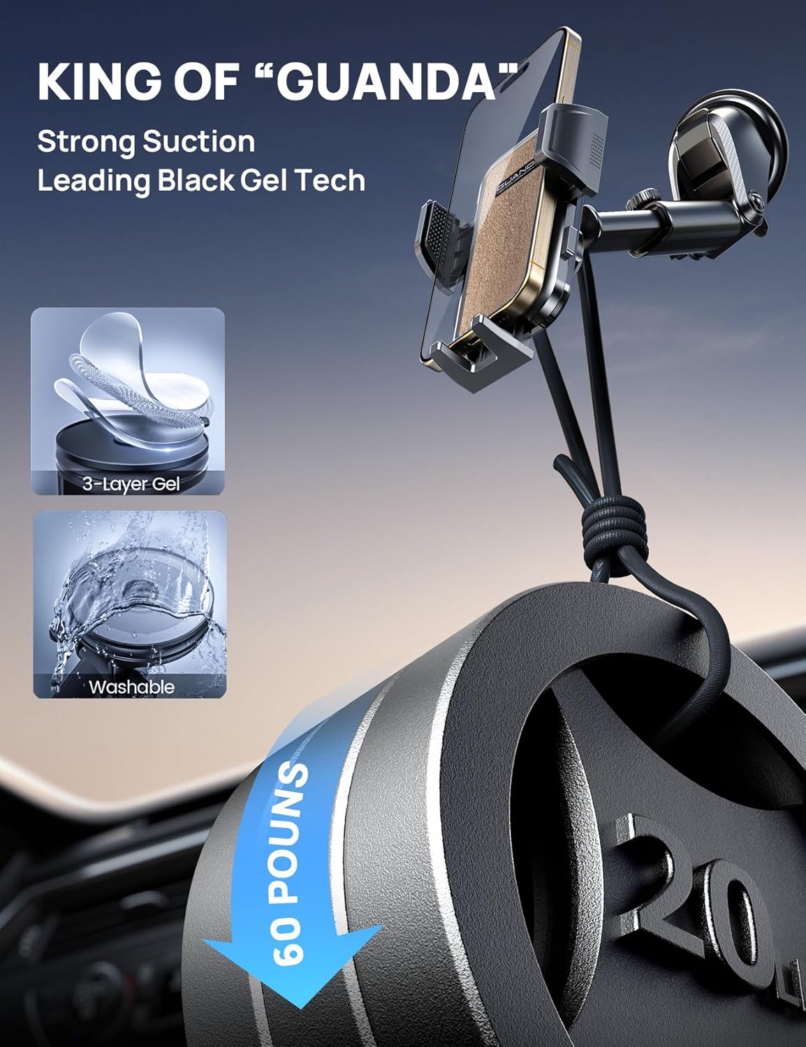 [2025 New] Dashboard Phone Holders for Your Car (+Vent Hook)[Military Grade Stable] Car Cell Phone Holder, Non-Slip Silicone Carbon Fiber Car Phone Mount, Rotatable Suction Cup for All Phone, Gold