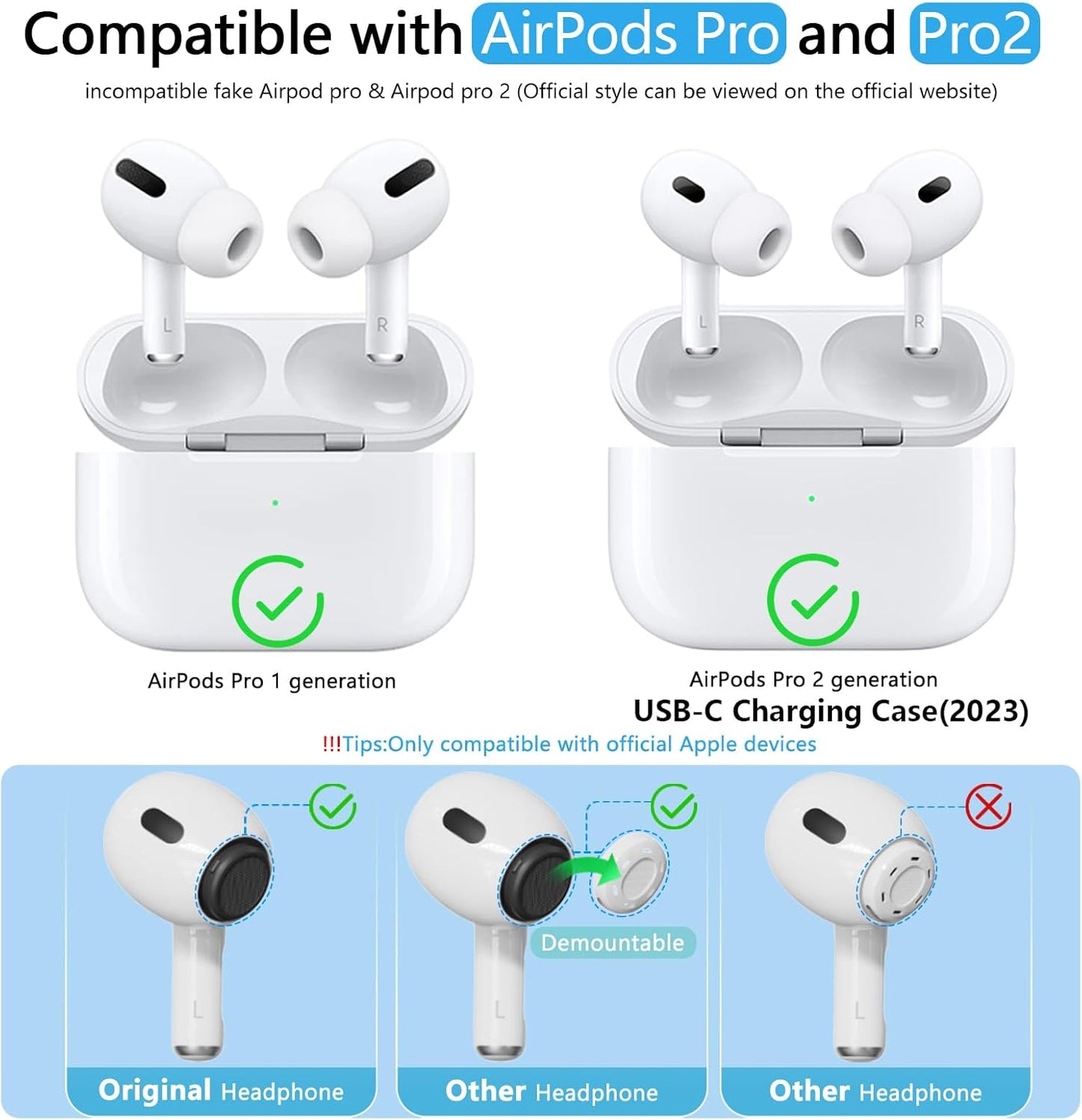 Compatible with AirPods Pro 2nd/1st Generation Silicon+Memory Foam Replacement Ear Tips,with Noise Reduction Hole &Built-in dust Guard Screen,for USB-C Charging Case-3 Sizes (S/M/L)