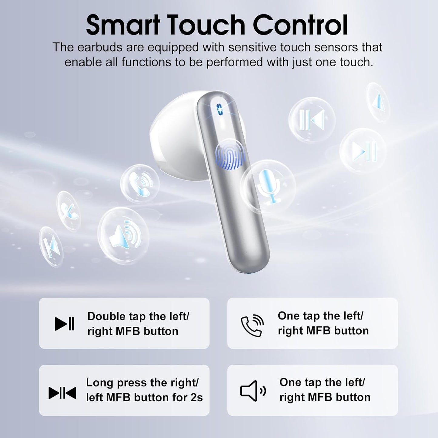 Wireless Earbuds, Bluetooth 5.4 Headphones with 3D Bass Stereo, 40H Ultralight in-Ear Buds, Bluetooth Earbuds with 4 ENC Noise Cancelling Mic, USB-C, IP7 Waterproof Earphones for Android iOS, Sillver