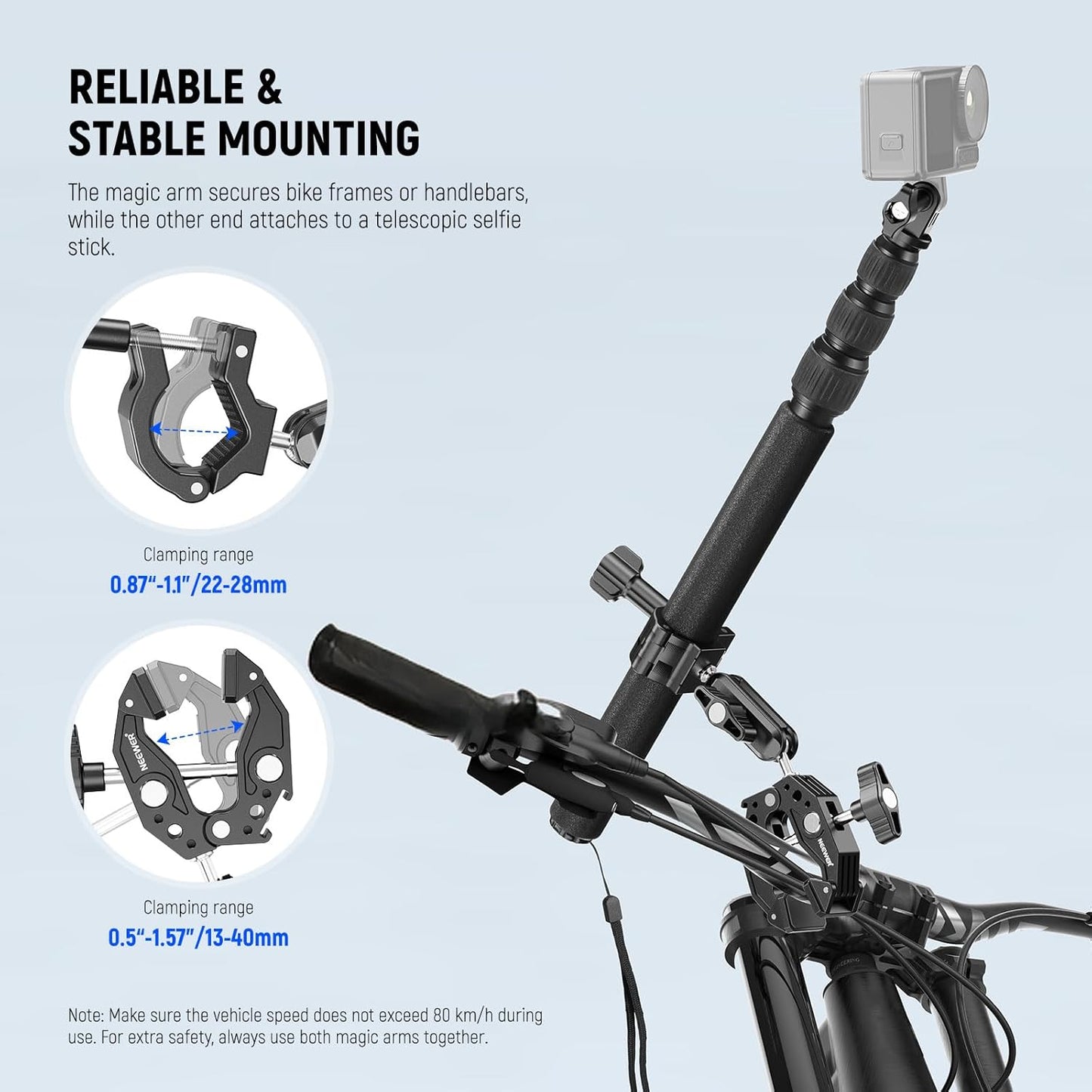 NEEWER Motorcycle Camera Mount Kit, Bicycle Handlebar Invisible Selfie Stick with Dual Ball Heads, Super Clamps, Action Camera Adapter Compatible with GoPro Insta360 DJI AKASO Action Cameras, GP-30