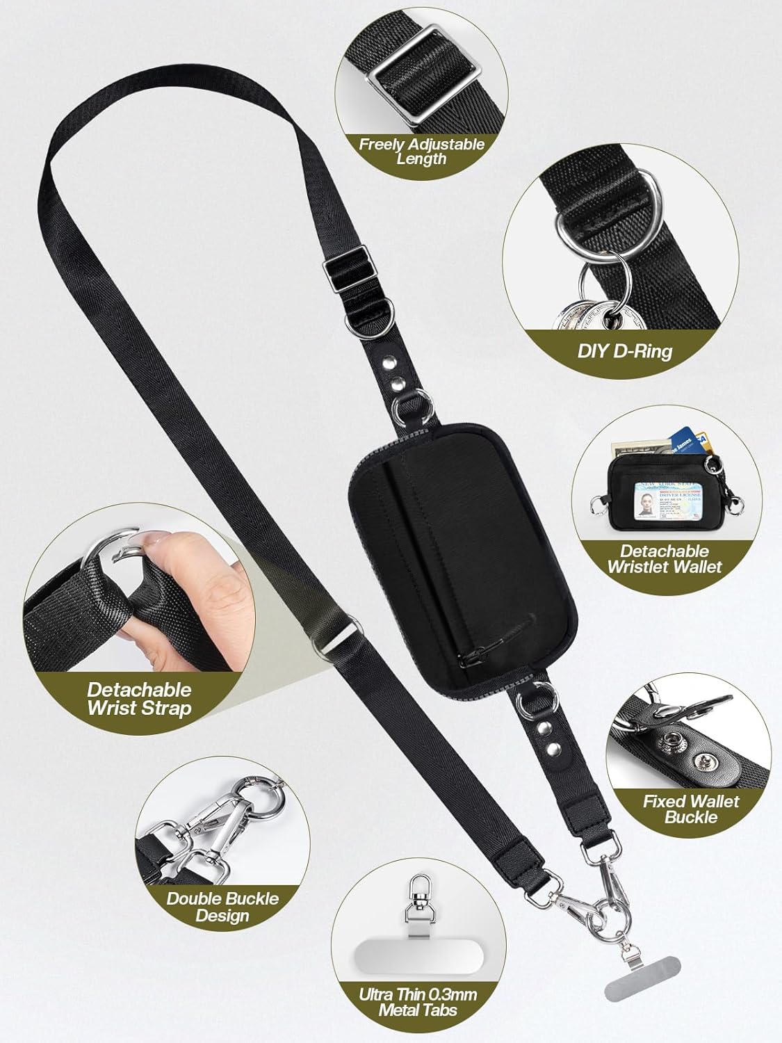 Clip and Go Strap for Phone with Wallet Crossbody Phone Lanyard Adjustable and Detachable RFID Wristlet Wallet with ID Window and Zipper, Black(L)