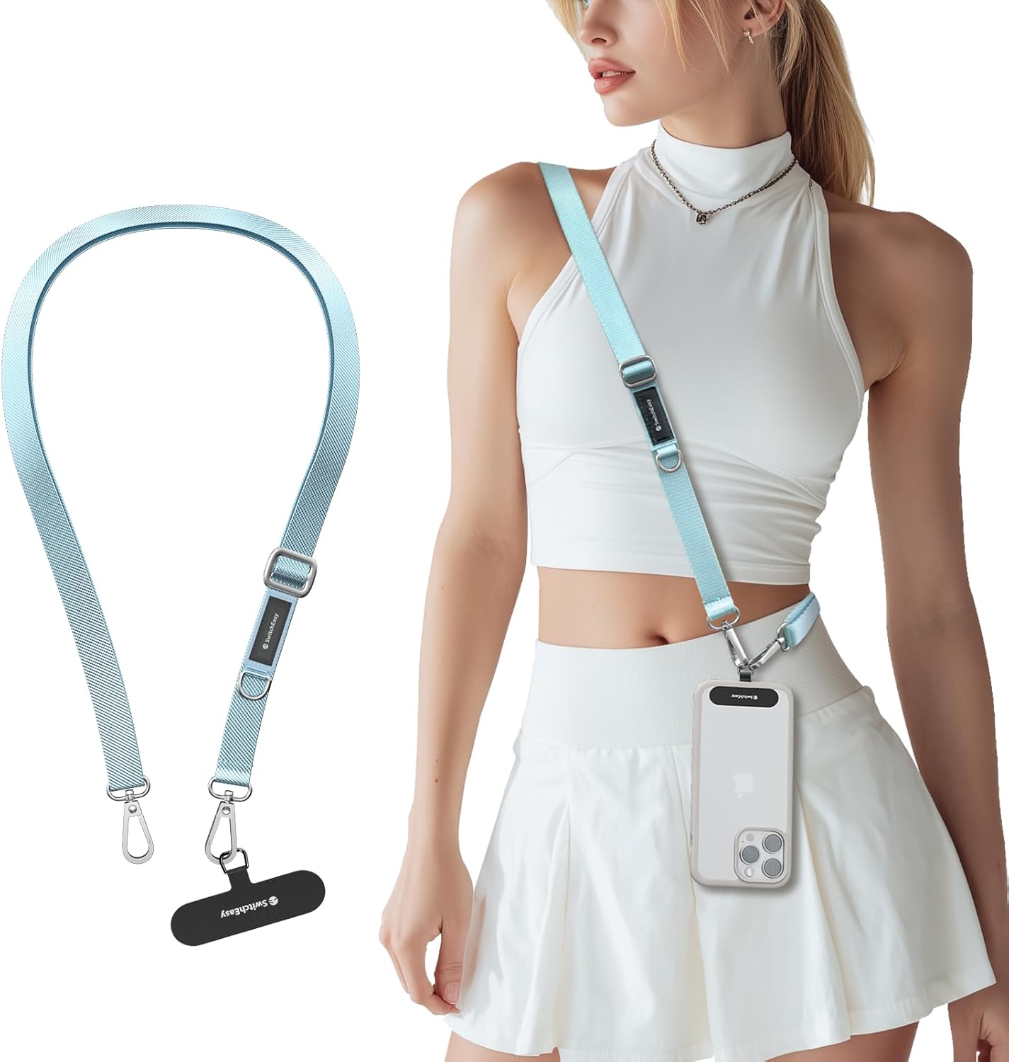 SWITCHEASY 20mm Adjustable Crossbody Phone Strap Compatible with Most Phones, Anti-Theft & Ant-Drop, Hands Free for Phone Lanyard Crossbody with Strap Card Phone Tether Tab - EasyStrap (Aquamarine)