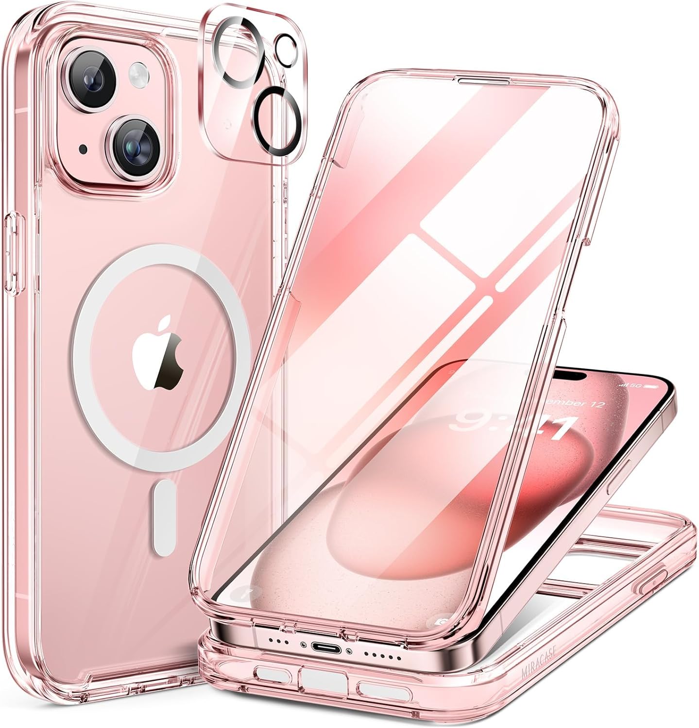 Miracase Glass Series for iPhone 15 Case [Compatible with MagSafe] Full-Body Magnetic Case with Built-in 9H Tempered Glass Anti-Fingerprint Screen Protector + Camera Lens Protector, Clear Pink