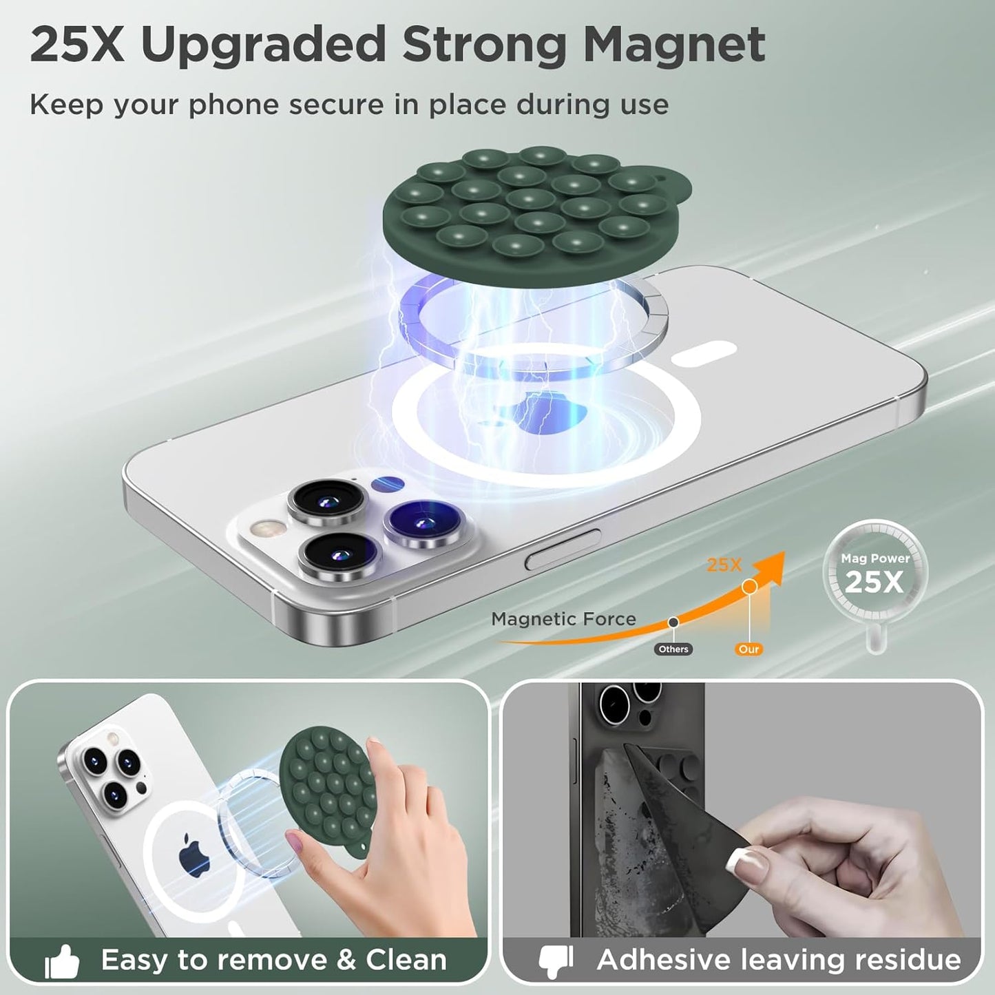 Magnetic Suction Cup Phone Mount for MagSafe Case, Silicone Hands-Free Phone Grip Holder for iPhone and Android, Mirror Shower Phone Stand for Makeup FaceTime Gym Kitchen Bathroom, Alpine Green