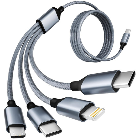 USB C Multi Charging Cable [1Pack 5FT], 4 in 1 Charging Cable Nylon Braided USB-C Multiple Charger Cord with Micro USB,IP Port and 2 Type C Adapter Port for iPhone 16/15 Series/Cell Phones and More