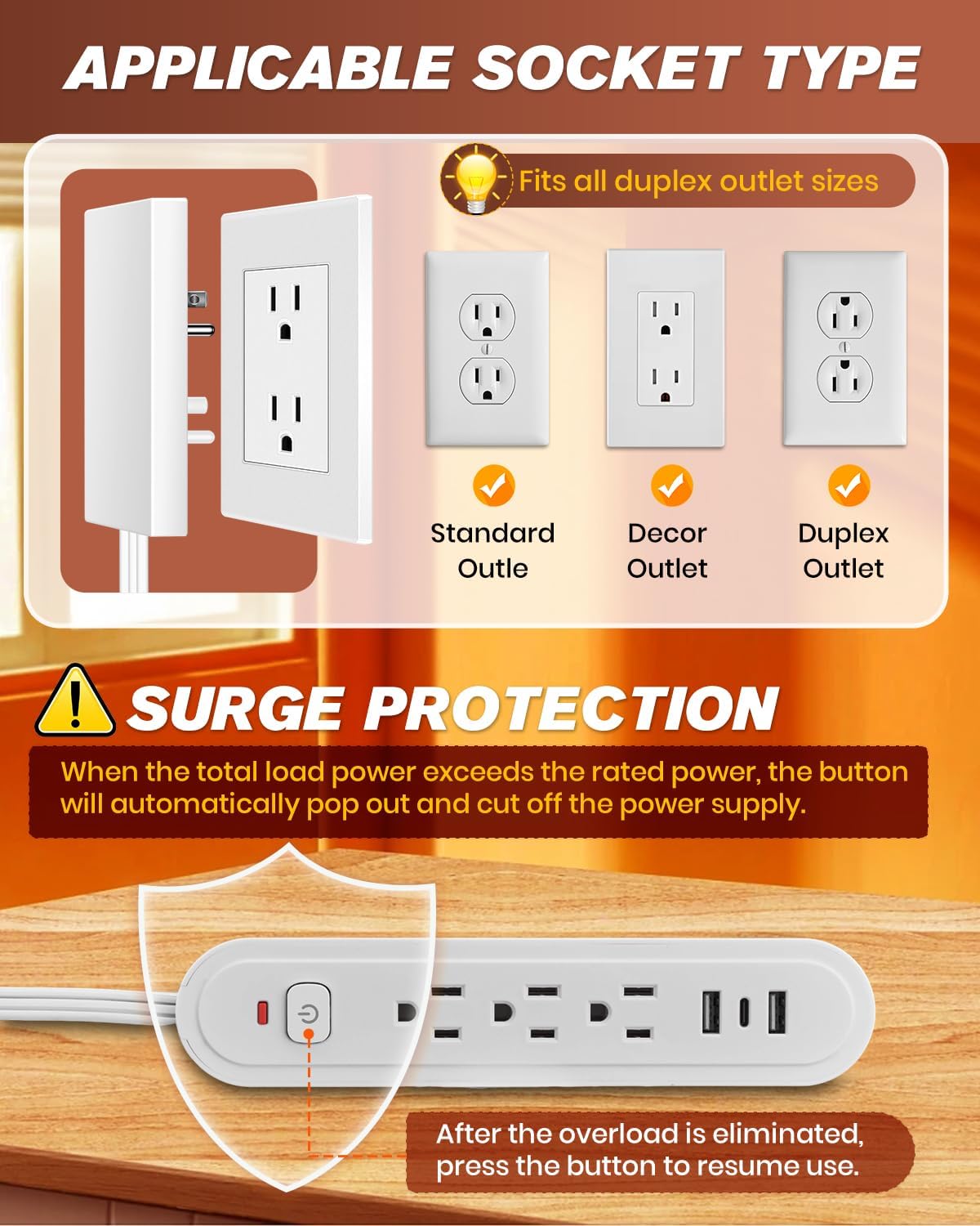 Saker Outlet Concealer Power Strip, 8FT Surge Protector Flat Extension Cord with 3 Outlets and 3 USB Ports, Outlet Cover Baby Proofing for Kitchen, Home and Office (8FT)