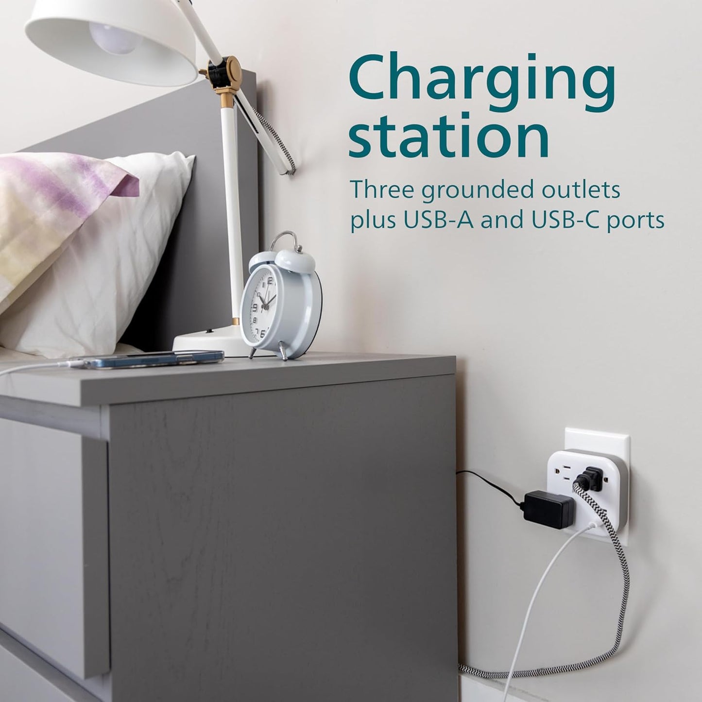 Philips EZFit 3-Outlet Surge Outlet Extender with USB, 1 USB-A, 1 USB-C, Adapter Spaced, Charging Station, 12W, 980 Joules, White - SPP9393W/37