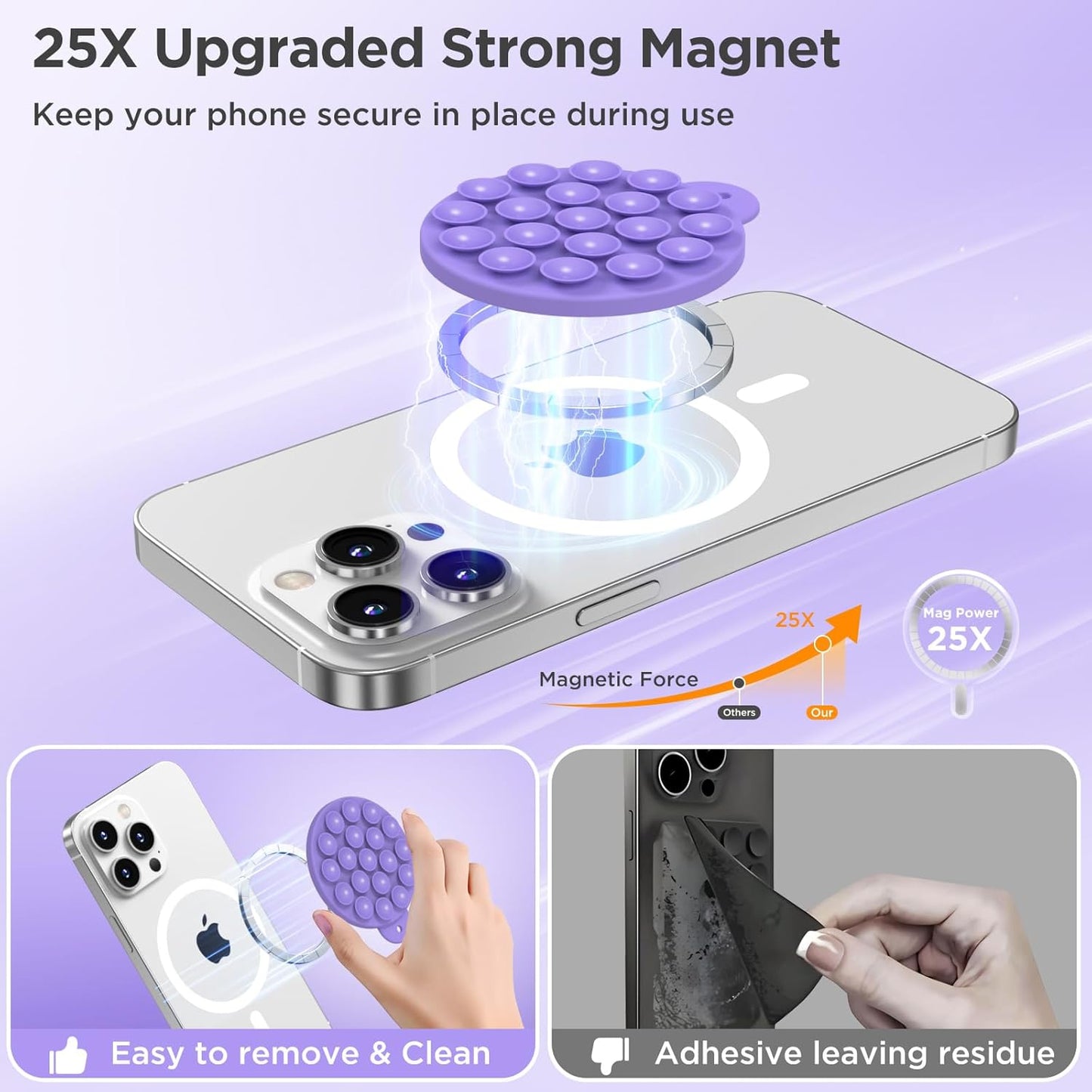 Magnetic Suction Cup Phone Mount for MagSafe Case, Silicone Hands-Free Grip Holder for iPhone and Android, Mirror Shower Phone Stand for Makeup FaceTime Gym Kitchen Bathroom, Bright Purple