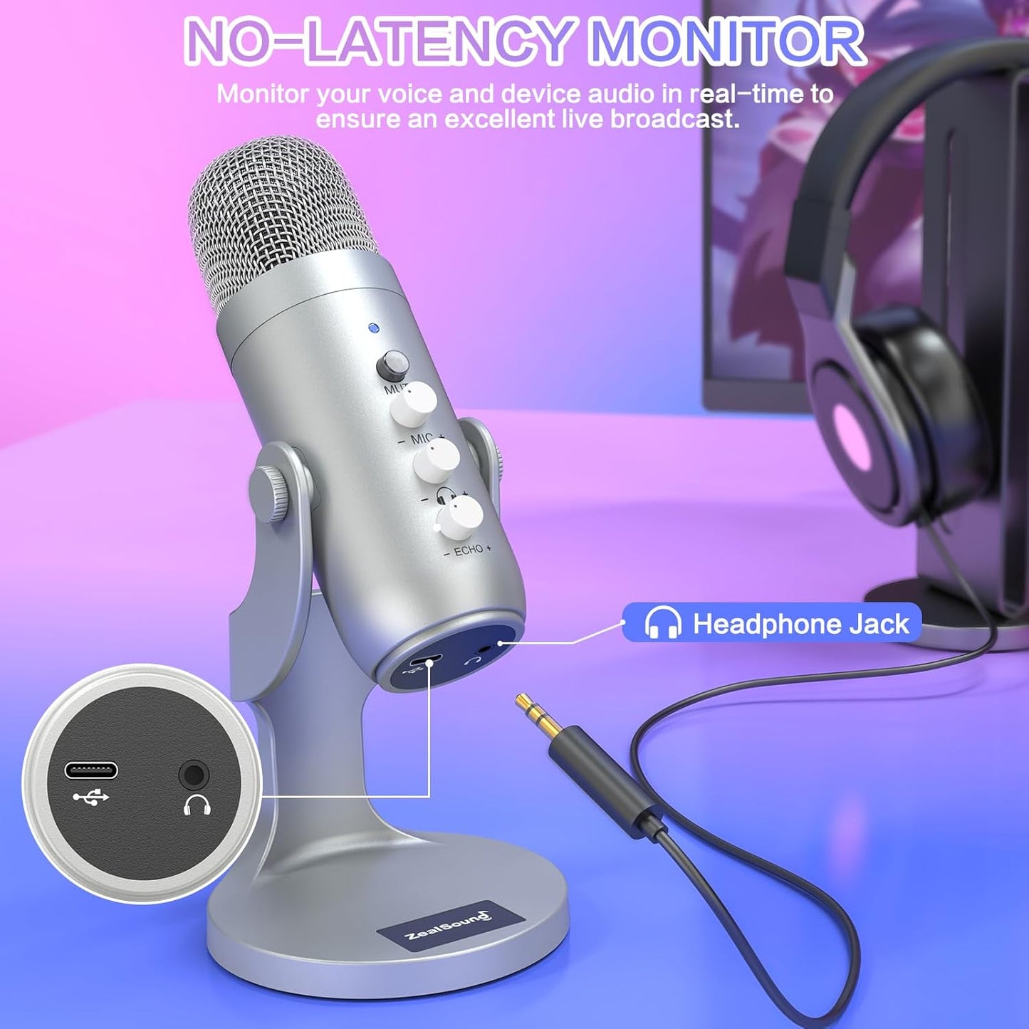 ZealSound USB Microphone,Condenser Computer PC Mic,Plug&Play Gaming Microphones for PS 4&5.Headphone Output&Volume Control,Mic Gain Control,Mute Button Vocal,YouTube Podcast on Mac&Windows(Silver)