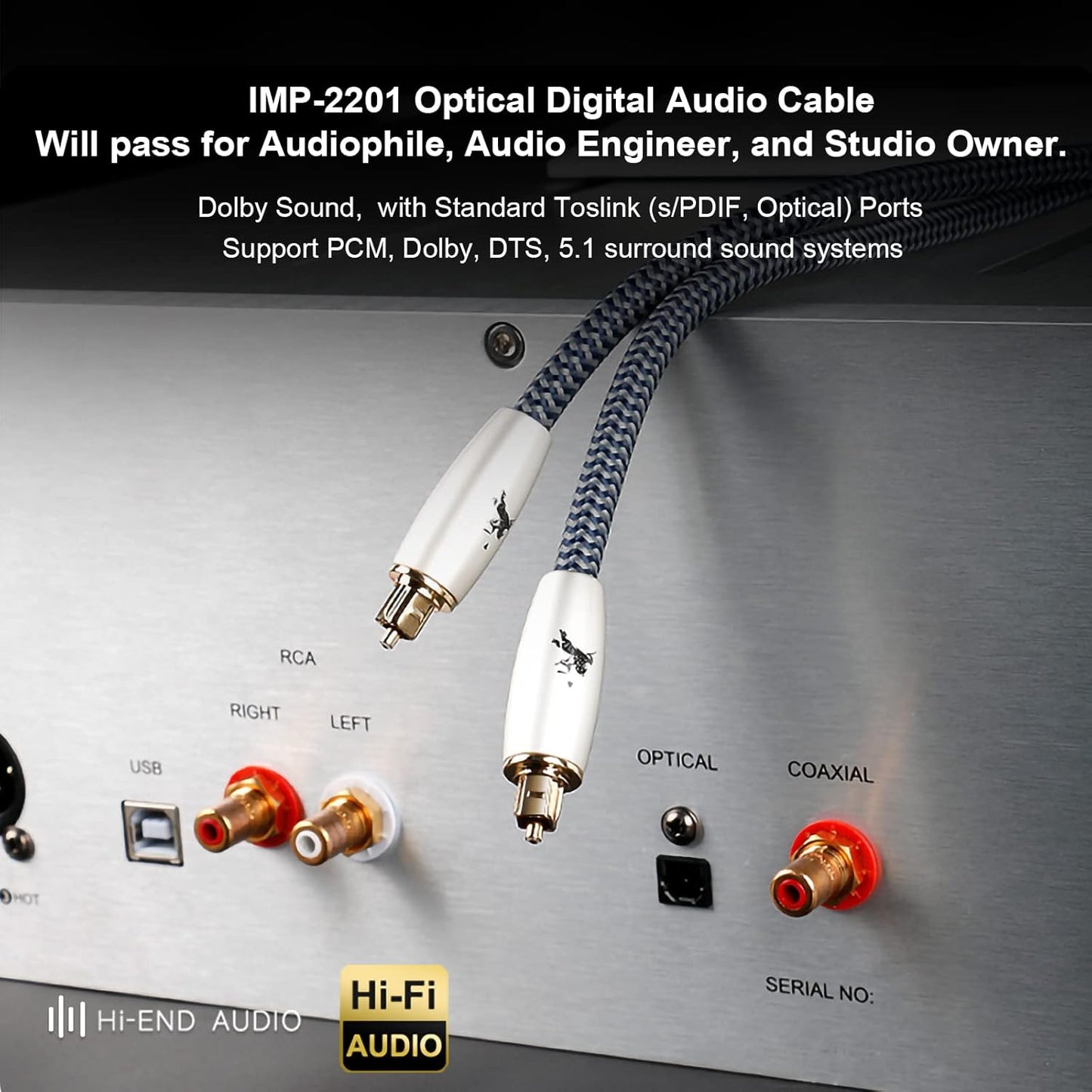 Digital Fiber Optic Audio Cable for Sound Bar Toslink Cord Male to Male 24K Gold Plated Connector Optical Audio Cable 6ft 10ft S/PDIF Glass Core, 4.9feet/1.5M IMP-2201