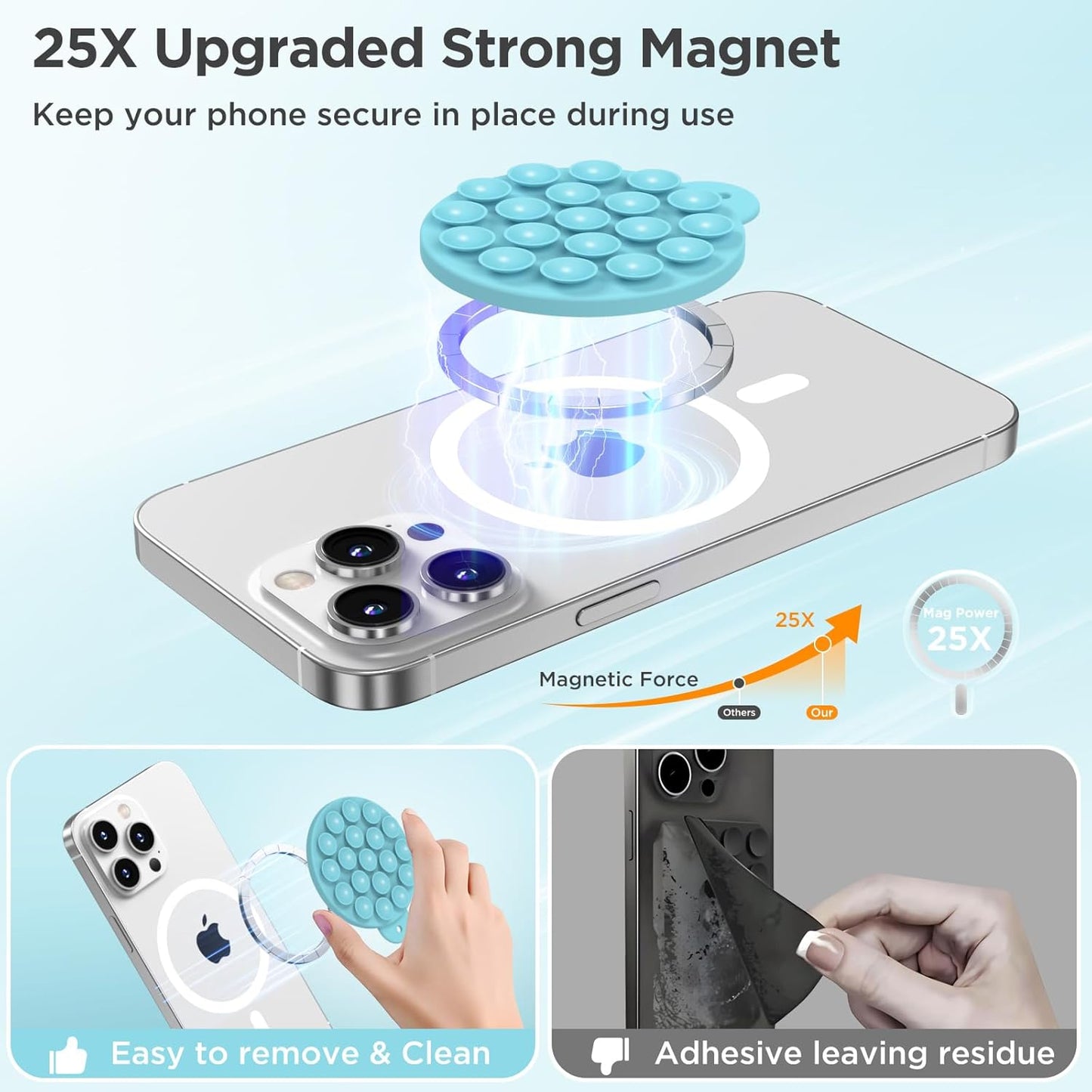Magnetic Suction Cup Phone Mount for MagSafe Case, Silicone Hands-Free Grip Holder for iPhone and Android, Mirror Shower Phone Stand for Makeup FaceTime Gym Kitchen Bathroom, Sea Blue