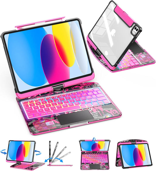 SIBEITU Keyboard Case for iPad A16 11th Gen 11" 2025 & 10th Gen 10.9" 2022, Clear Wireless Keyboard Protective Cover with Multi-Touch Trackpad, 7-Color Backlight & 3-Brightness, 360 Rotatable, Pink