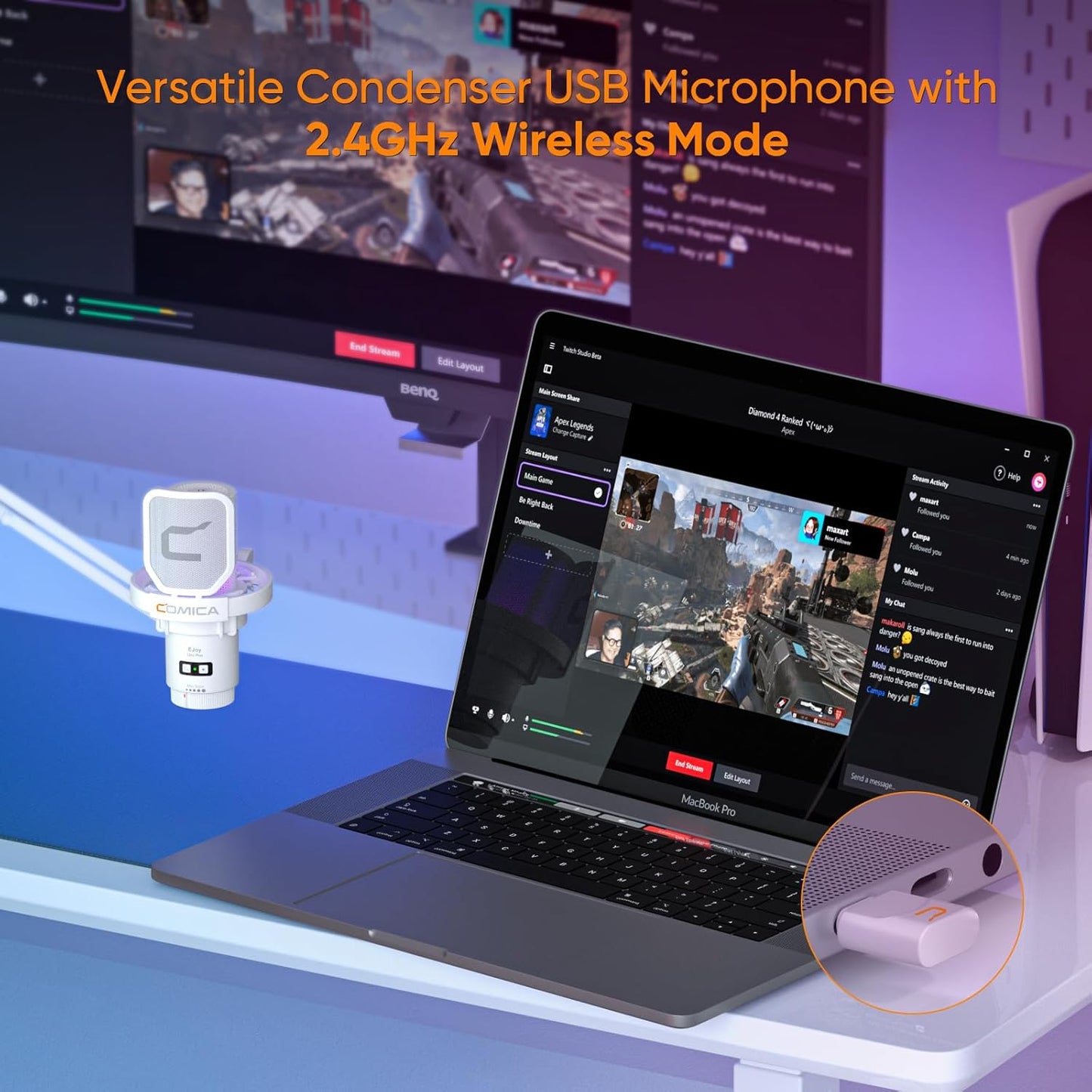 Comica EJoy Uni Pro Wireless USB Condenser Gaming for PC, PS4, PS5, USB C Phone and Mac, Boom Arm RGB Computer Mic for Twitch, Streaming, Podcasting, Noise Cancellation Mic with Mute, Gain, Monitoring