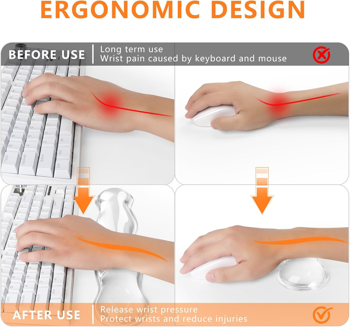 Gel Keyboard Wrist Rest, Cute Wrist Support and Arm Support Keyboard Rest for Keyboard and Mouse Typing Pain Relief，Suitable for Office/Computer/Laptop/Gaming（Transparent White Set ）
