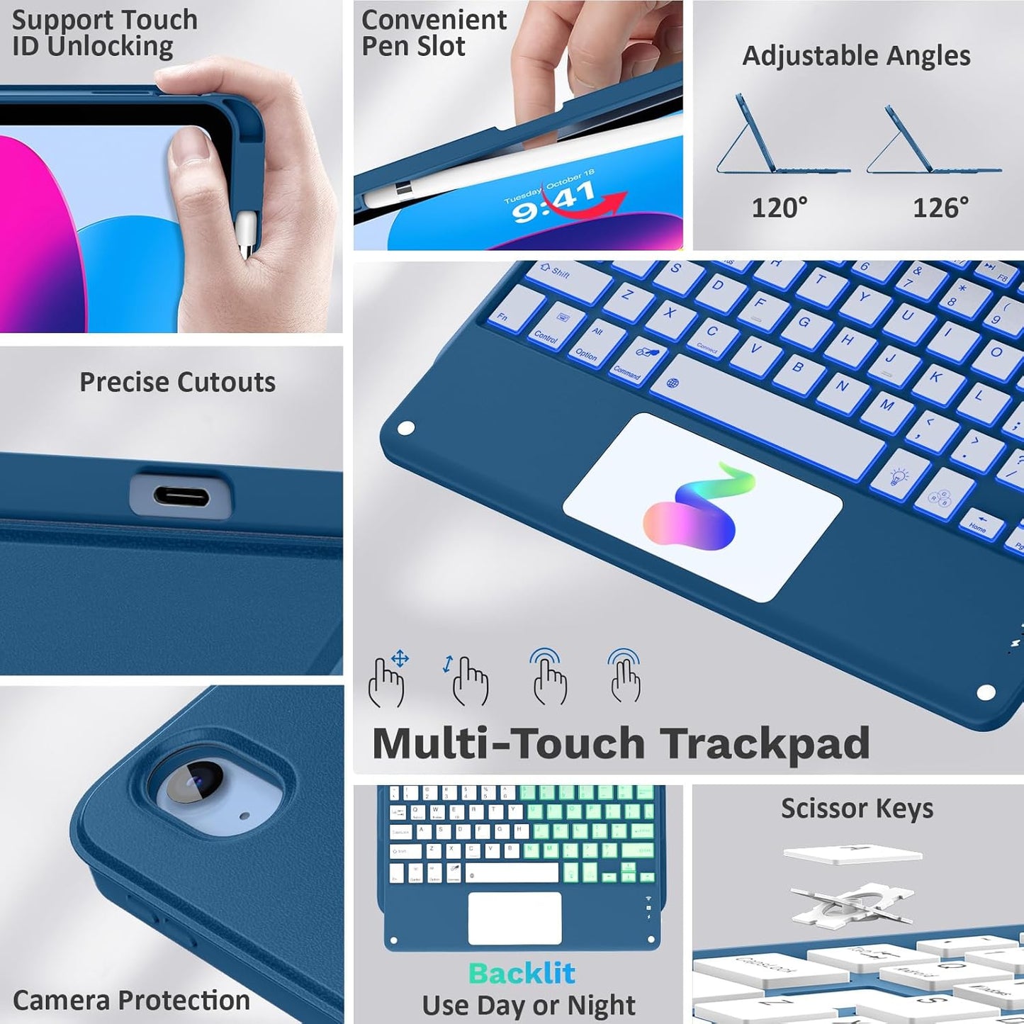 MoKo Touch Keyboard Case for iPad (A16) 11th Generation 11 inch 2025, iPad 10th Generation 10.9 inch Case with Pencil Holder,7 Colors Backlit Multi-TrackPad Detachable Bluetooth Keyboard,Dark Sea Blue