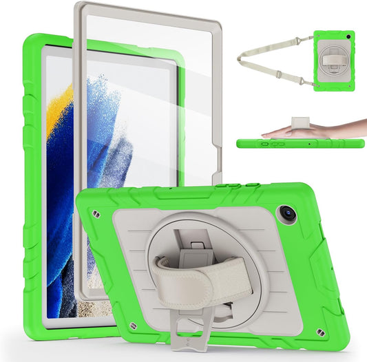 for Samsung Galaxy Tablet A8 Case 10.5 inch 2022 SM-X200/X205/X207 with Screen Protector [360 Rotating Stand] &Hand Shoulder Strap Shockproof Rugged Protective Cover|Green&Beige