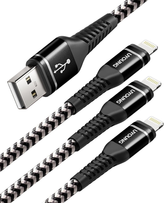 10 FT iPhone Charger Cable 3Pack [Apple MFi Certified] Long Durable Nylon Braided USB Lightning Fast Charging Cord Compatible with iPhone 14/13/12/11/X/XS/XR/SE/8/7/6/5/iPad Pro/Mini/Air(Black)