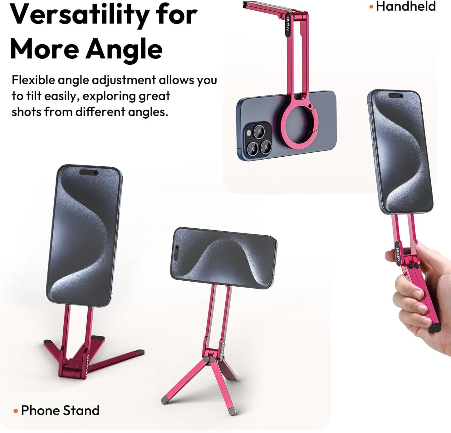 ULANZI MA30 Magnetic Phone Tripod Stand for iPhone - Aluminium Maglock Smartphone Mini Tripod Pocket Cell Phone Stand Strong Magnet Quick Mount Compatible with iPhone 16 15 14 13 12 Series, Red