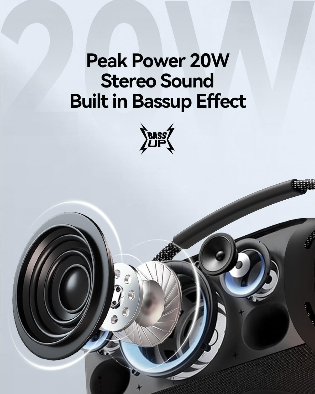 Portable Bluetooth Speaker with Light, Loud Sound and Deep Bass, IPX6 Waterproof, Up to 18H Playtime, TWS Pairing, Support Bluetooth/AUX/USB/TF Card for Home, Party, Outdoor and Travel (Black)