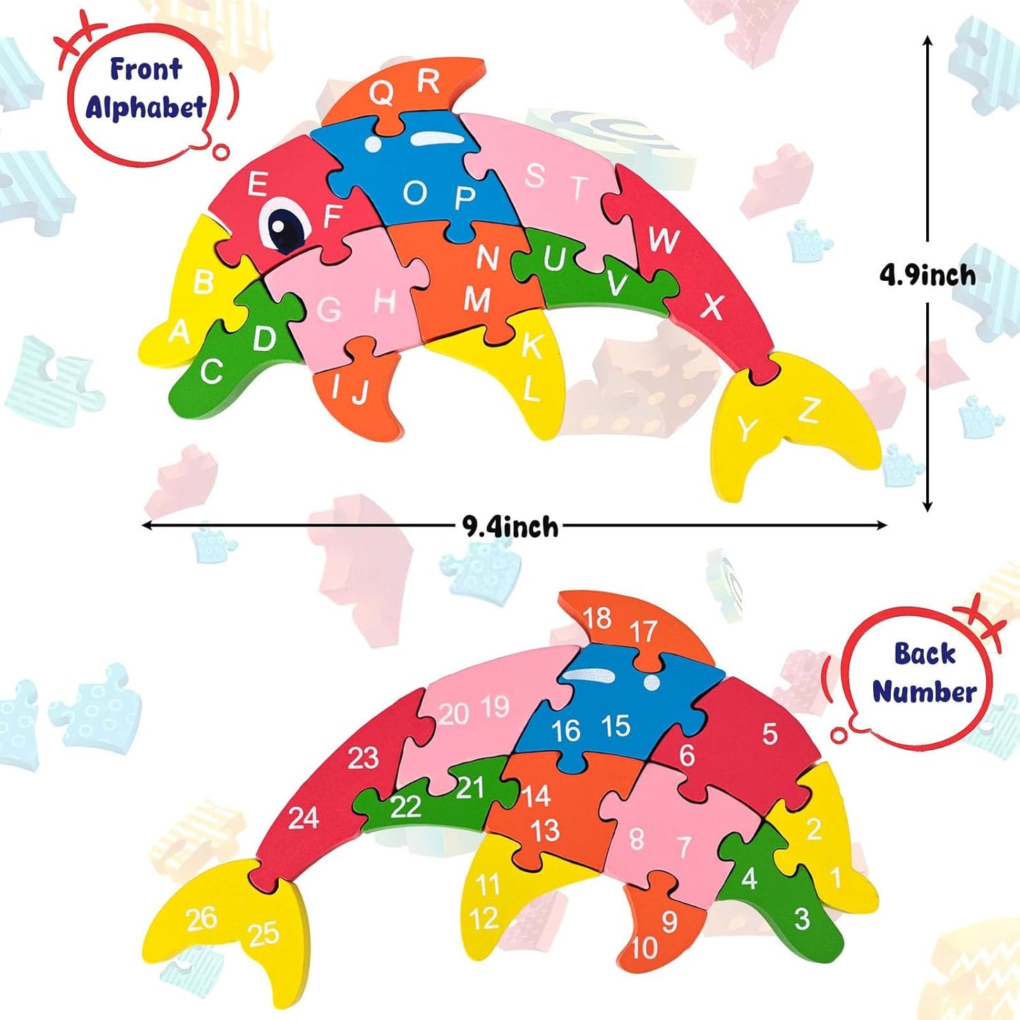 LovesTown Wooden Puzzle for Toddlers, Educational Alphabet and Number Jigsaw, Building Blocks for Preschool Learning, Dolphin Theme, 26 PCS