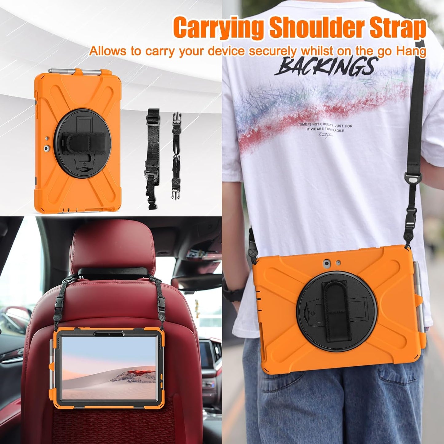 ZenRich Rugged Case for Surface Go with Pen Holder, Heavy Duty Shockproof Case with Stand, Hand Strap and Shoulder Belt - Orange