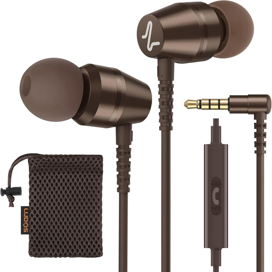LUDOS OMNITONE Wired Earbuds in-Ear Headphones, 5 Year Warranty, Earphones with Microphone, 3.5 mm Jack Corded Ear Buds, Videoconference for iPhone, Samsung, Laptop, Kids, School Students - Brown