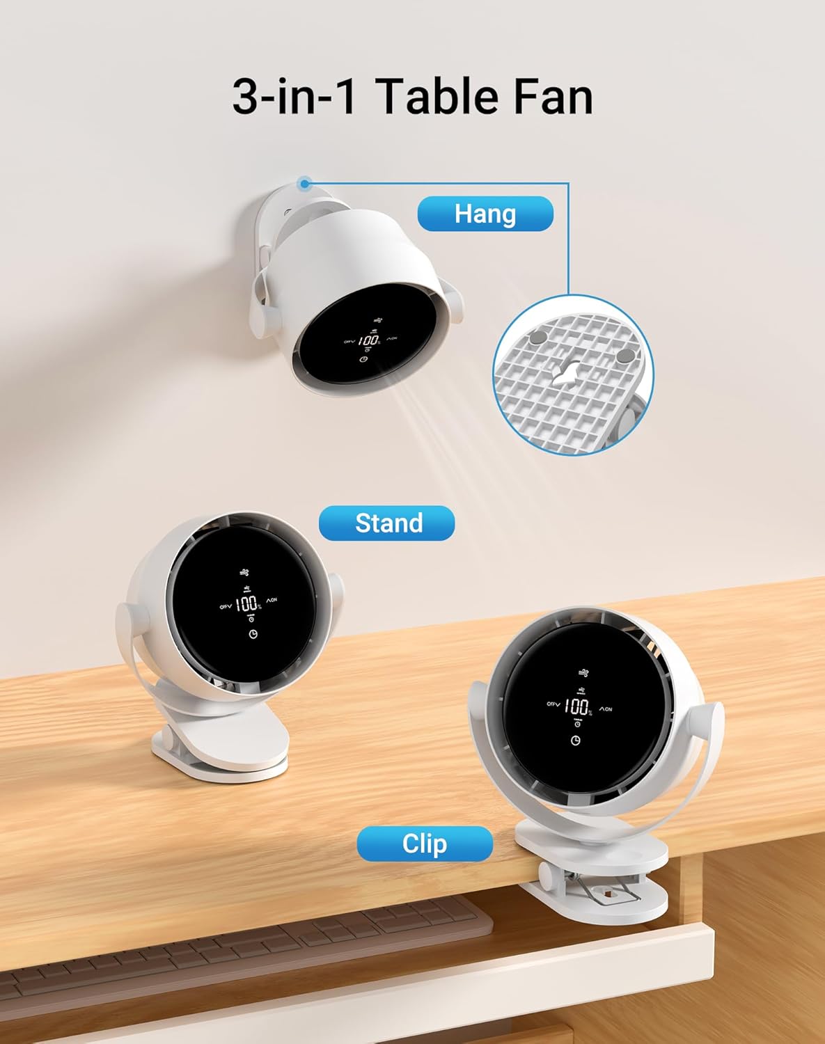 Portable Desk Fan, Clip-On Rechargeable USB Fan with 100-Level Precision Control & LED Touch, 360° Rotation, Ideal for Stroller, Office, Bedroom, Kitchen, Camping – White, 7-inch