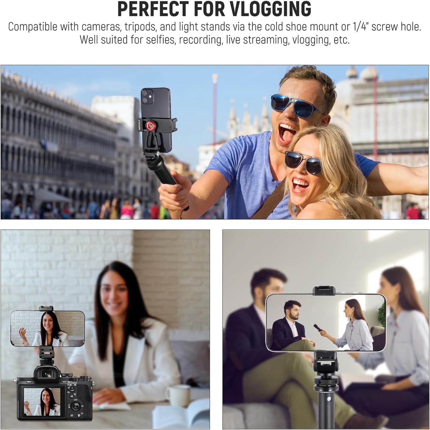 NEEWER Metal Phone Tripod Mount with Cold Shoe Mounts, Freely Adjustable Joints Universal Phone Holder Compatible with iPhone 15 Pro Max Samsung Galaxy Google Pixel Canon Nikon Sony Camera Cage, PA001