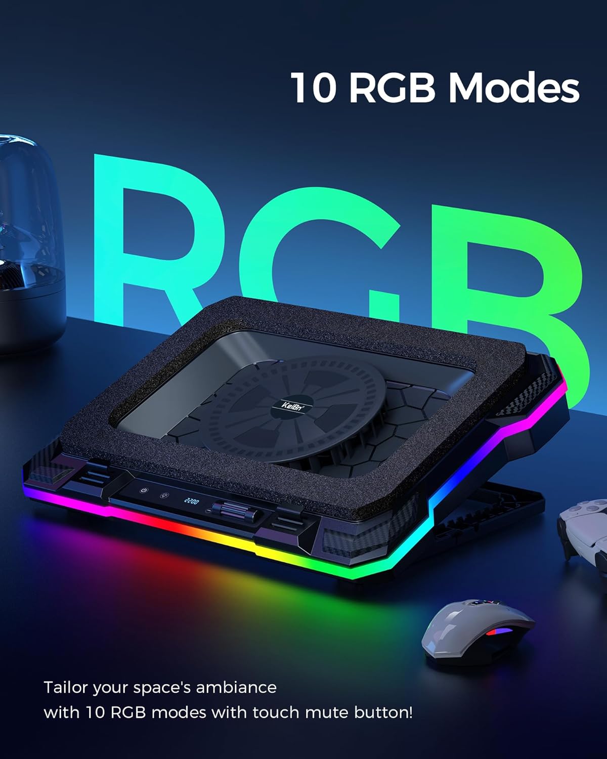 KeiBn Gaming Laptop Cooling Pad, Laptop Cooling Stand with 5.5inch External Cooling Fan, Rapid Cooling Laptop 15.6-19.3inch, Infinitely Variable Speed, 8 Height Stands, 4 USB Ports, Blue