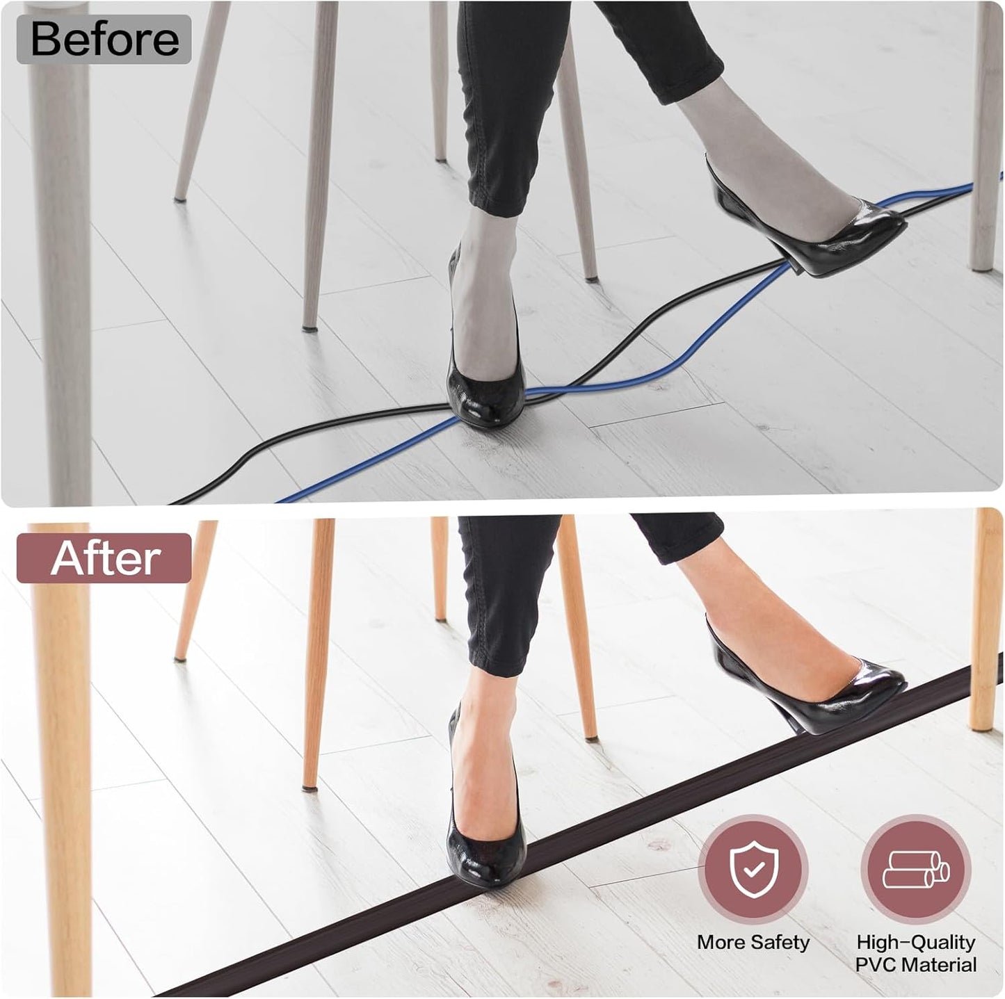 Floor Cord Cover Self Adhesive Cord Hider Floor Extension Cord Covers for Floor Power Cord Protector Cable Management Prevent Cable Trips Cable Cavity 0.59" W x 0.31" H (Dark Walnut, 3.3Ft)