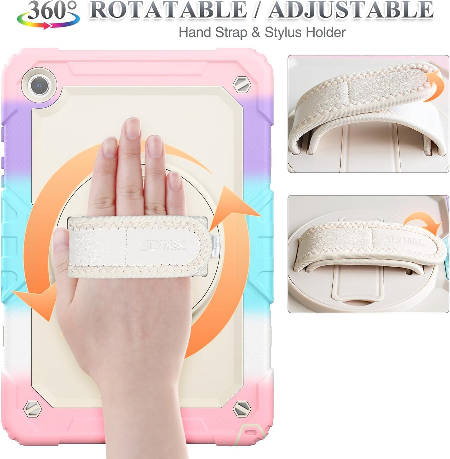 SEYMAC stock Case for Samsung Galaxy Tab A9+ Plus 11'', Full-Body Drop Protection Case with Screen Protector Pencil Holder [360° Rotating Hand Strap] &Stand, Yellowish+Pink