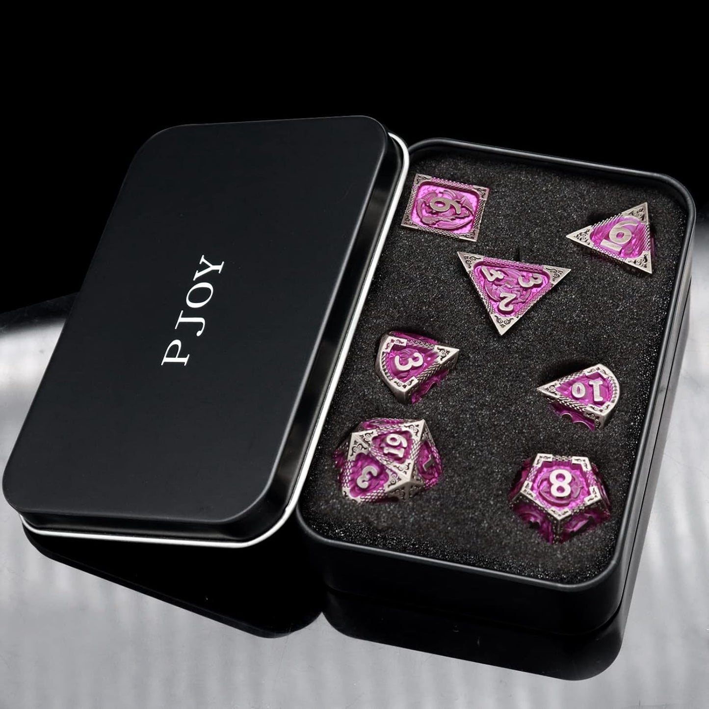 PJOY Metal DND Dice Set with Dice Case Antique Silver Purple Dragon D&D Polyhedral Dice for RPG Role Playing Games Compatible with Dungeons and Dragons TTRPG Gifts