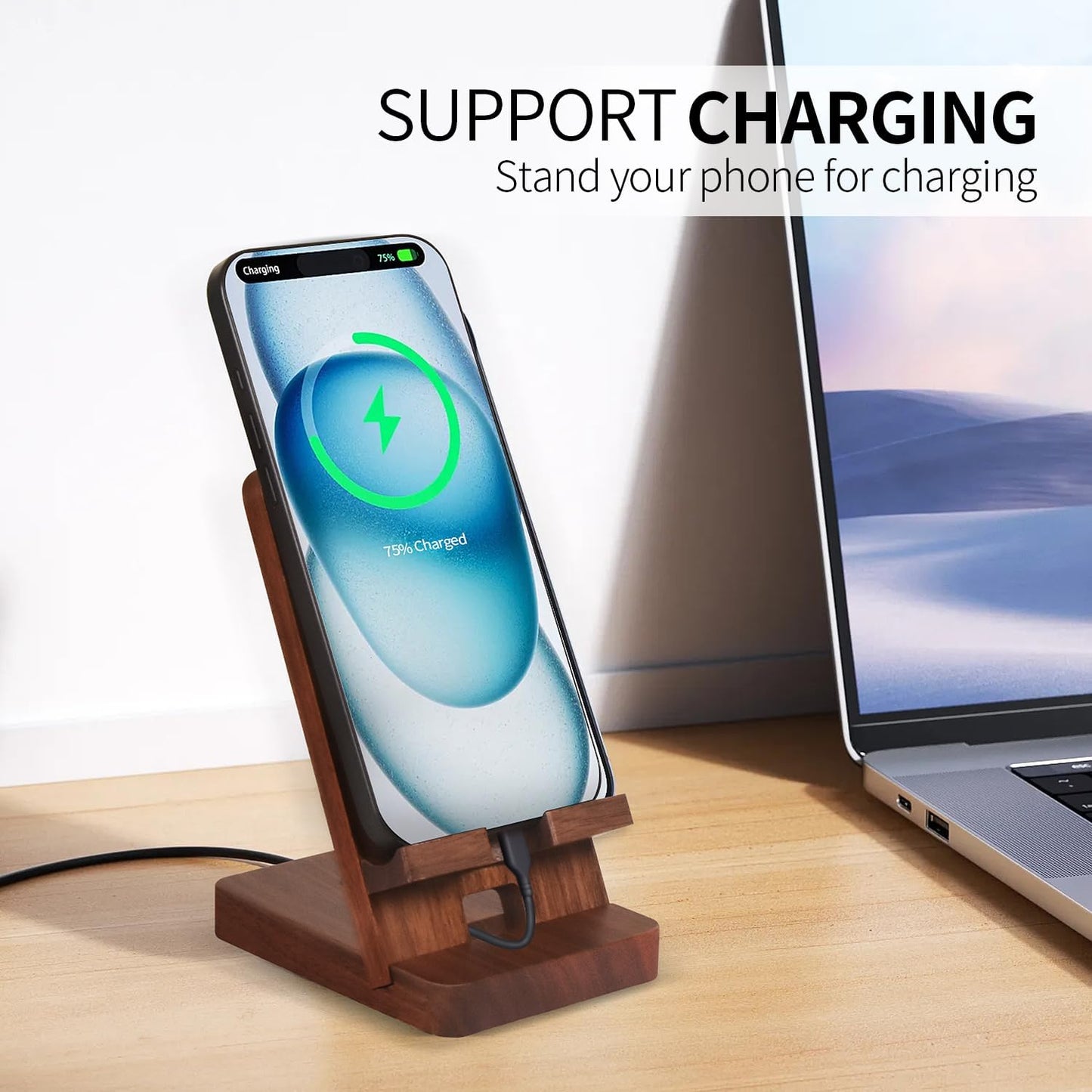 Wood Phone Stand, Desktop Wooden Phone Holder, Portable Office Phone Stand for Desk, Wood ipad Stand， Compatible with iPhone & All Cell Phones (Walnut)