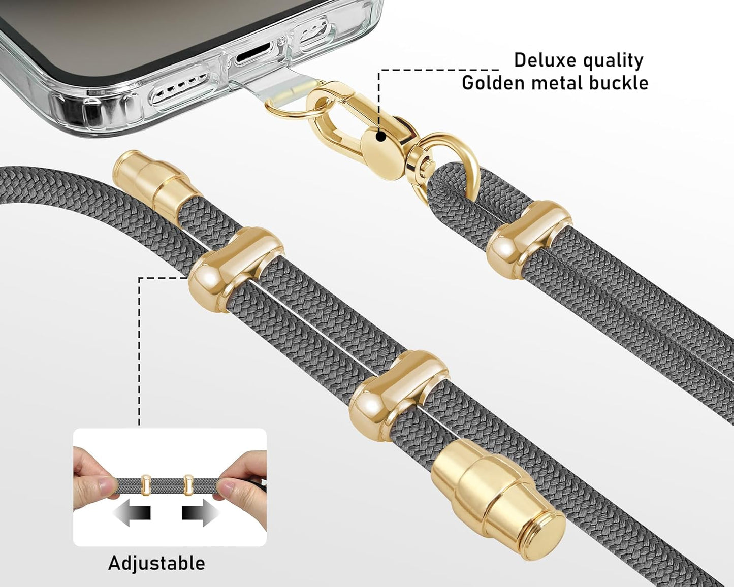 Cell Phone Lanyard Adjustable Crossbody Phone Lanyard *1 Phone Wrist Strap *1 with Deluxe Gold Matal Buckle + Clear Tether Tabs *2 for Shopping Travelling Hiking(BLACKGRAY)