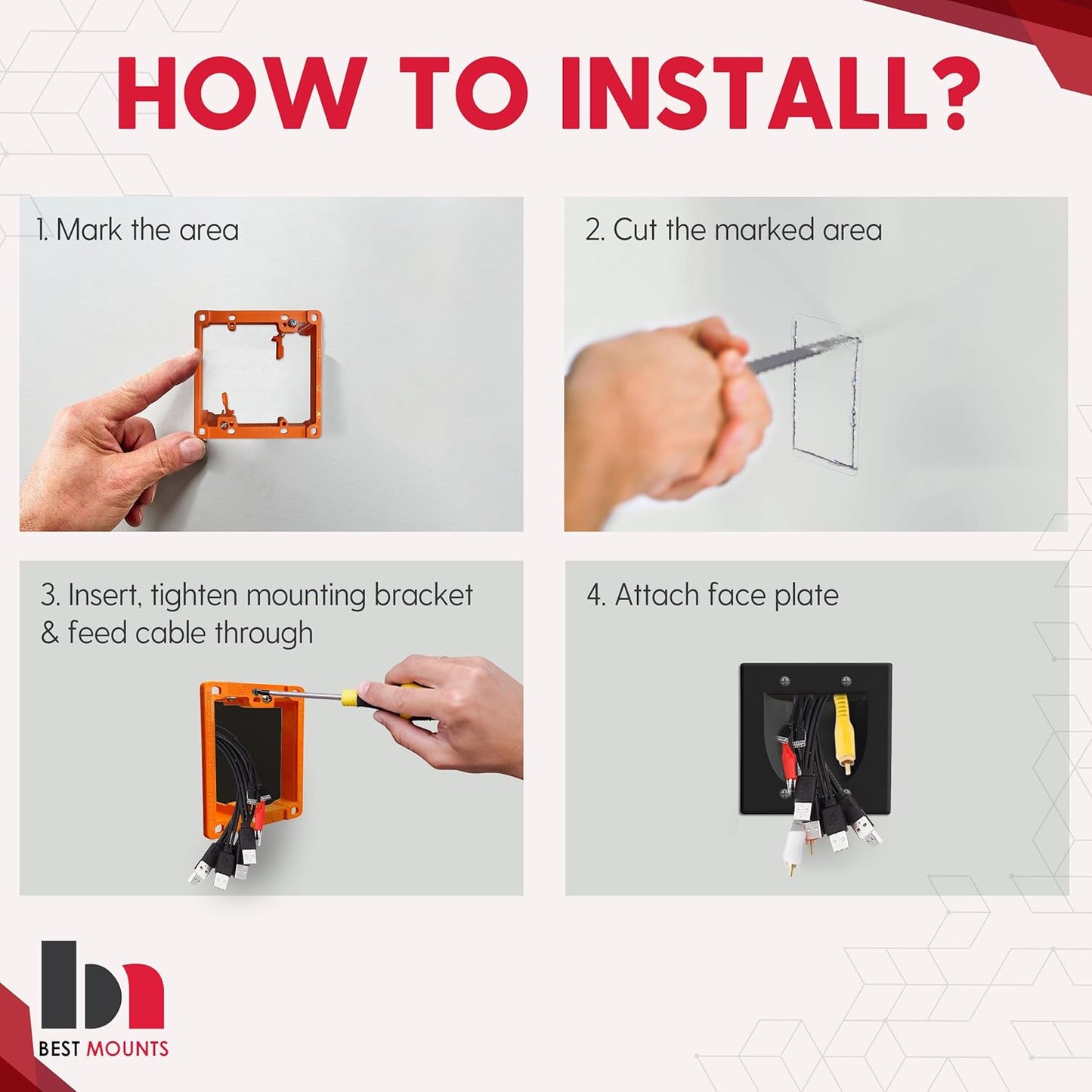 BestMounts - 2 Pack In Wall Cable Management Kit - Recessed Wall Plate Cable Black Pass Through Pair with Dual Gang Low Voltage Mounting Bracket - TV Cord Hider for Wall Mounted TV ETL Listed