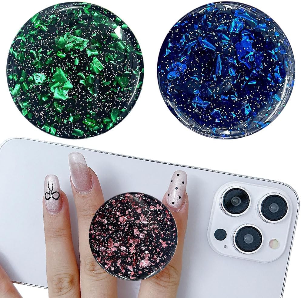 3 Pack Fashionable Clear Glitter Expandible Collapsible Moblile Phone Grip Stand Holder for Smartphones and Tablets Cell Phone Accessory-5 (Glitter Rose Gold Green Blue)