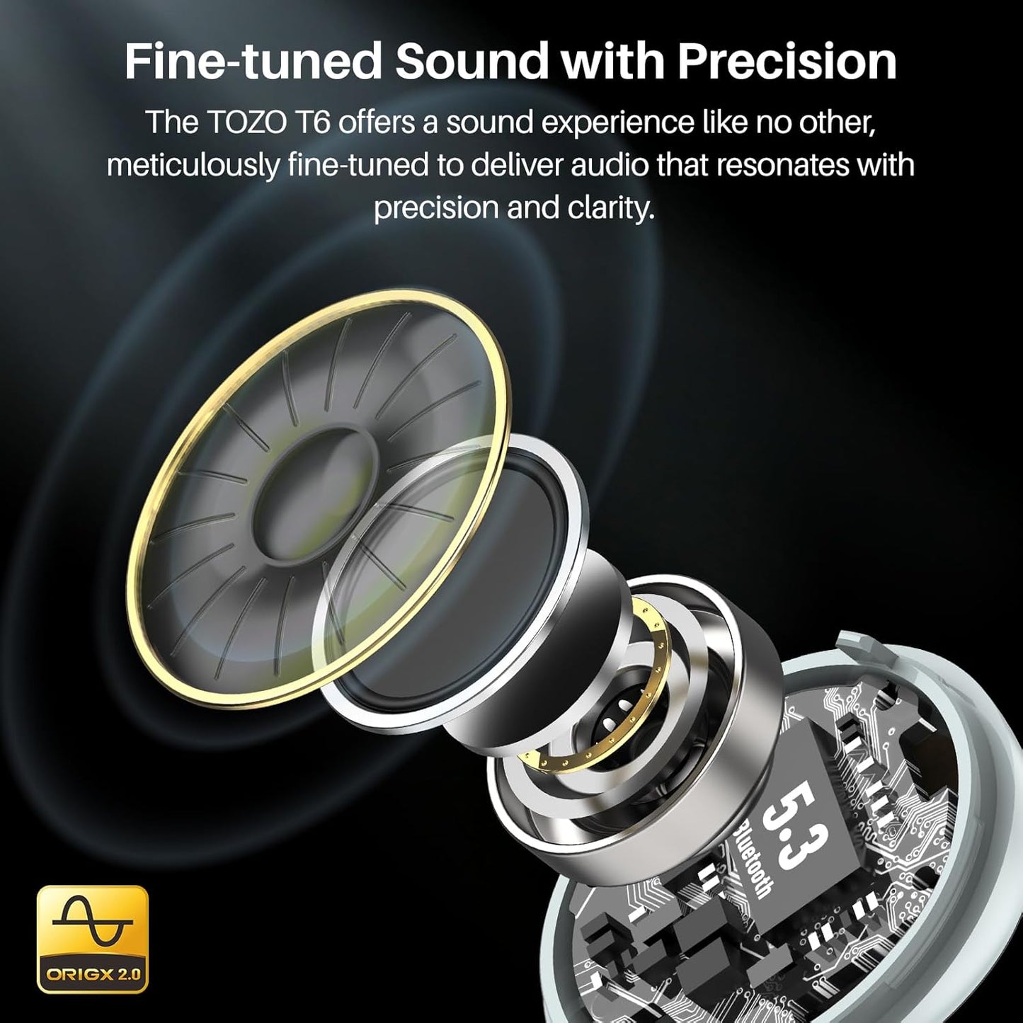 TOZO T6 Wireless Earbuds, Bluetooth 5.3 Ear Buds, Stereo Sound in Ear Headphones, 50 Hours Playtime, Wireless Charging Case, APP Customizable EQs, IPX8 Waterproof Earphones