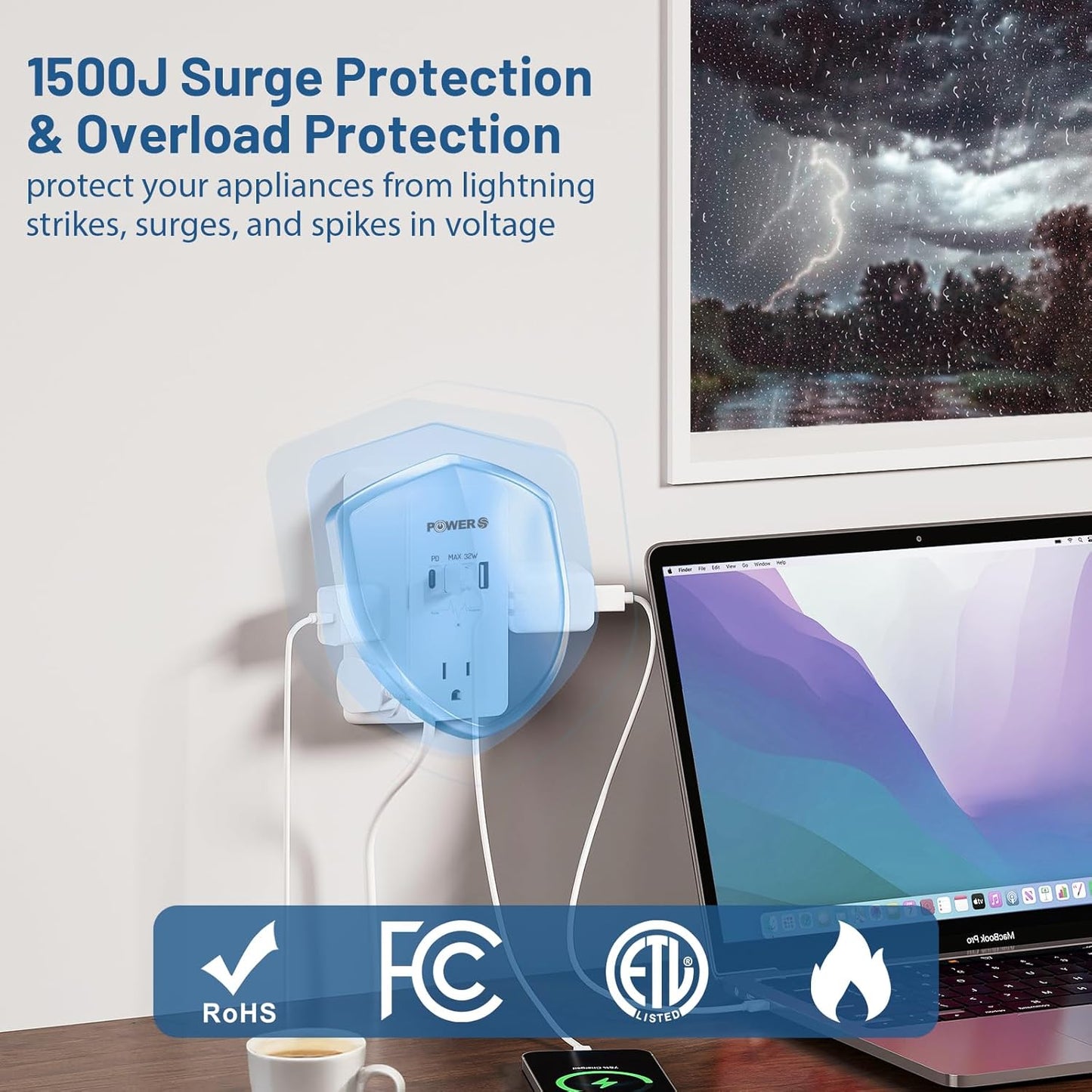 20W PD Fast Charging Wall Outlet with USB Ports (3C1A), Electrical Outlet Extender, Surge Protector, Wall Plug Adapter for Multiple Devices, Wall Socket Expander