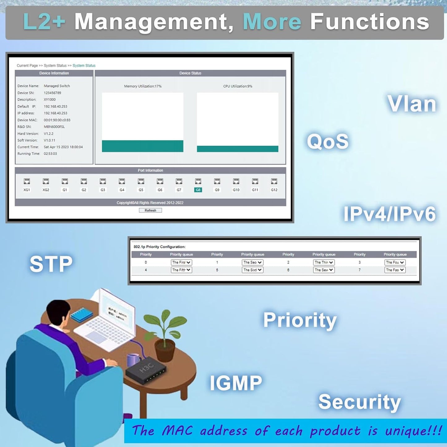 Industrial L2+ Managed 8 Port PoE Ethernet Switch with 2 SFP Slot, Gigabit Networking Switch with IPv4/IPv6 Management and DIP Switch, Supporting Din-Rail