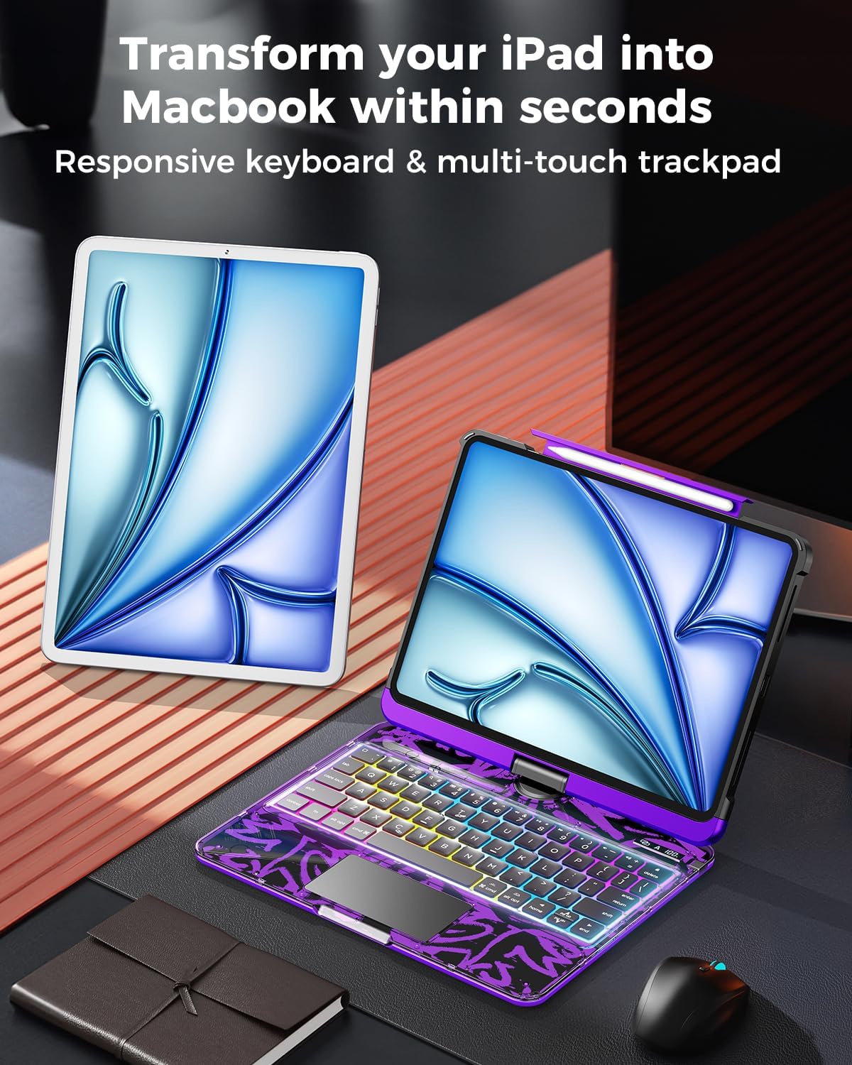 SIEBITU Clear Wireless Keyboard Case for iPad Air 11-inch (M3 2025/M2 2024) & iPad Pro 11-inch 4th 3rd 2nd 1st Gen, 7-Color Backlit with Multi-Touch Trackpad for 10.9" iPad Air 4th/5th Gen, Purple