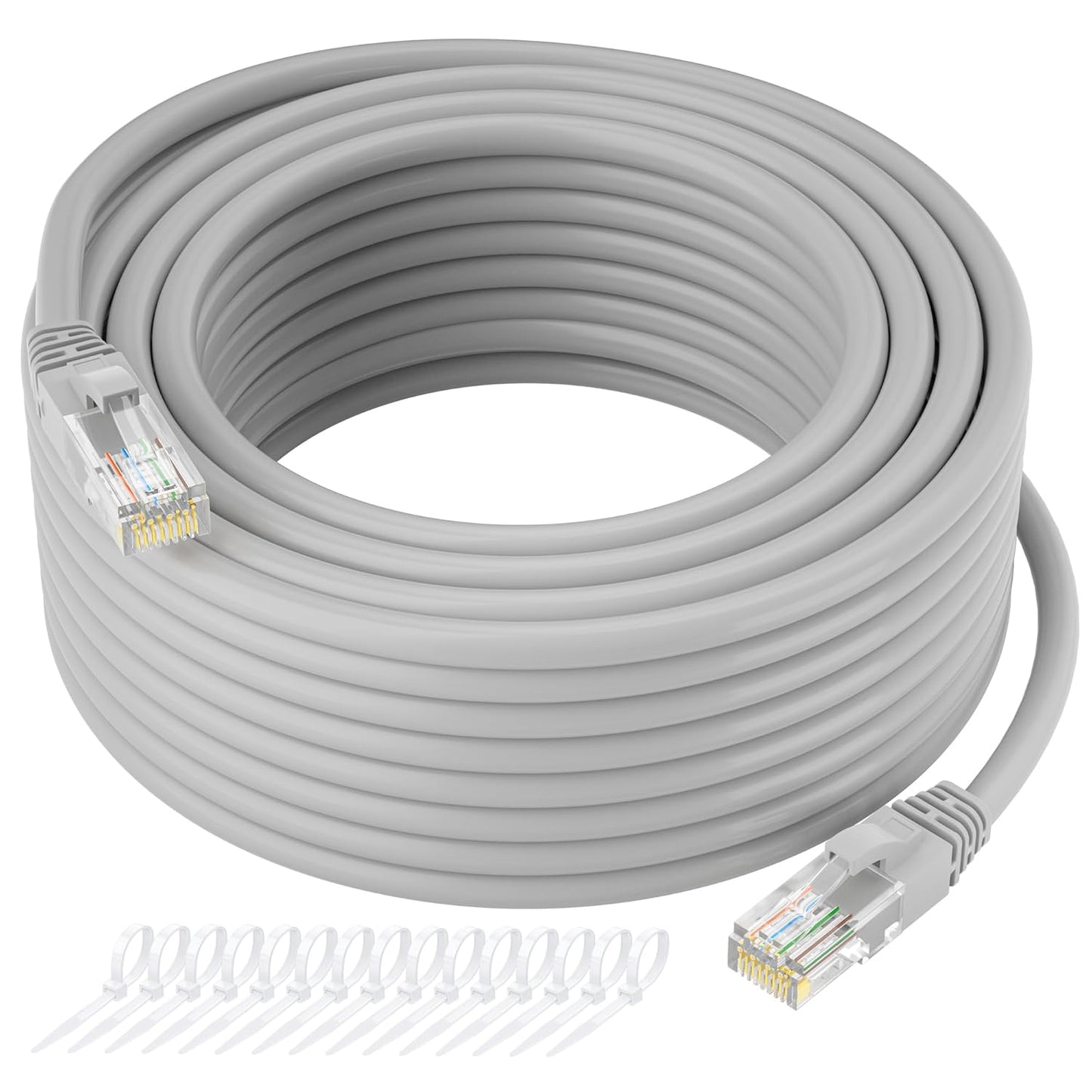 Cat5e Ethernet Cable 100 FT, Long Cat 5e Internet Cable, Grey Snagless Patch Cord, Flexible, Network, LAN, PoE, Standard RJ45 Connector for PC, Server, Router, Modem, TV, PS5 - with 15 Cable Ties