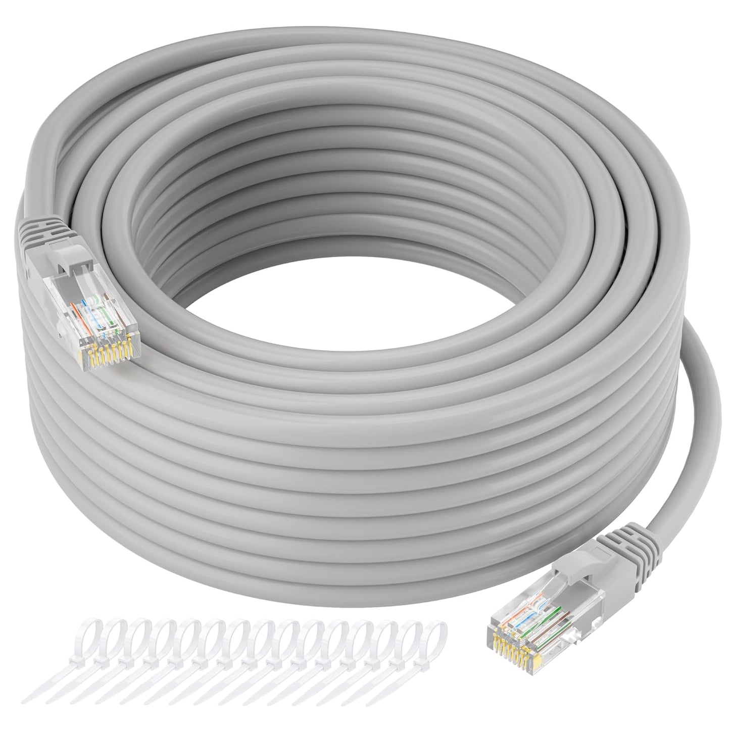 Cat5e Ethernet Cable 150 FT, Long Cat 5e Internet Cable, Grey Snagless Patch Cord, Flexible, Network, LAN, PoE, Standard RJ45 Connector for PC, Server, Router, Modem, TV, PS5 - with 15 Cable Ties