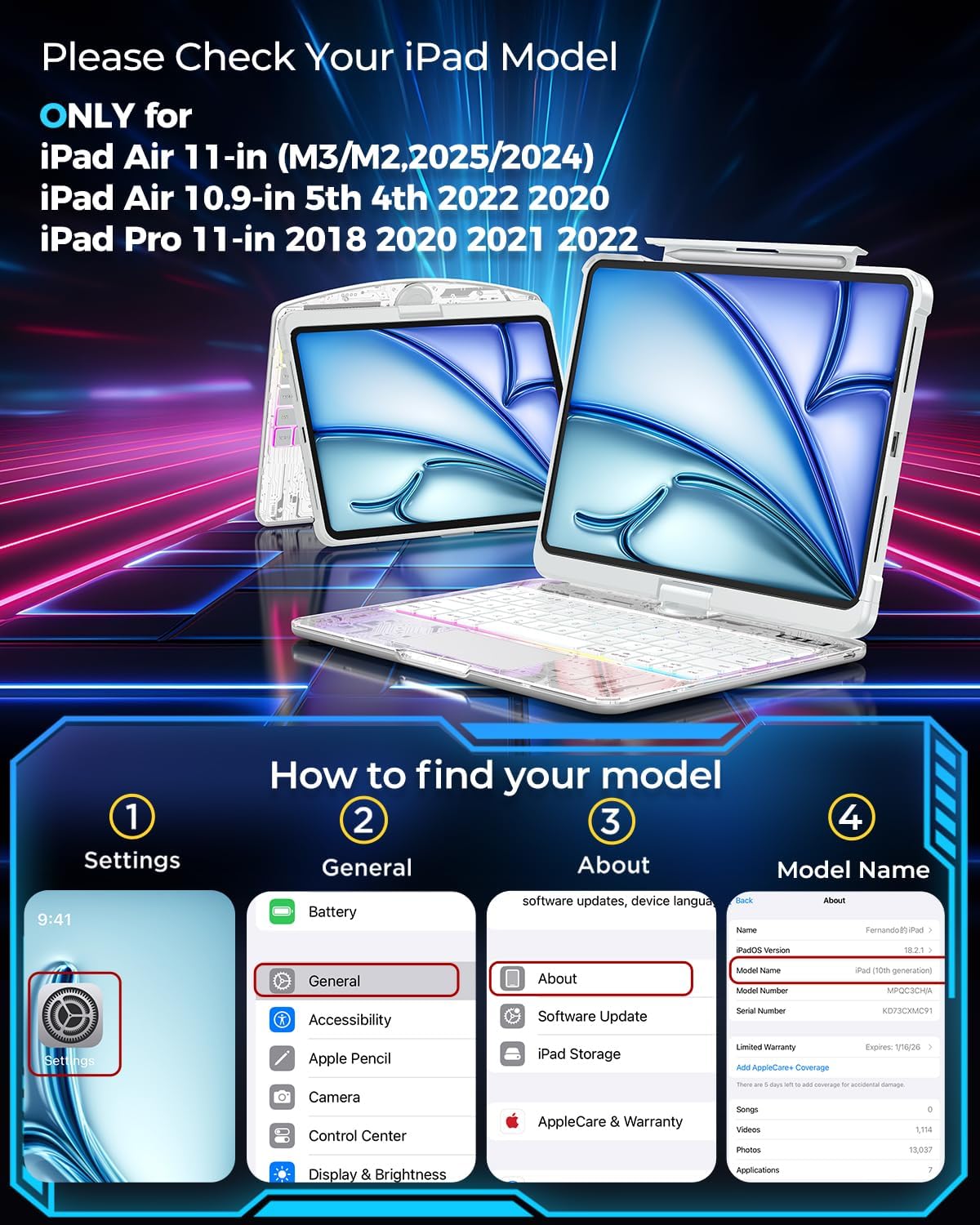 SIEBITU Clear Wireless Keyboard Case for iPad Air 11-inch (M3 2025/M2 2024) & iPad Pro 11-inch 4th 3rd 2nd 1st Gen, 7-Color Backlit with Multi-Touch Trackpad for 10.9" iPad Air 4th/5th Gen, White