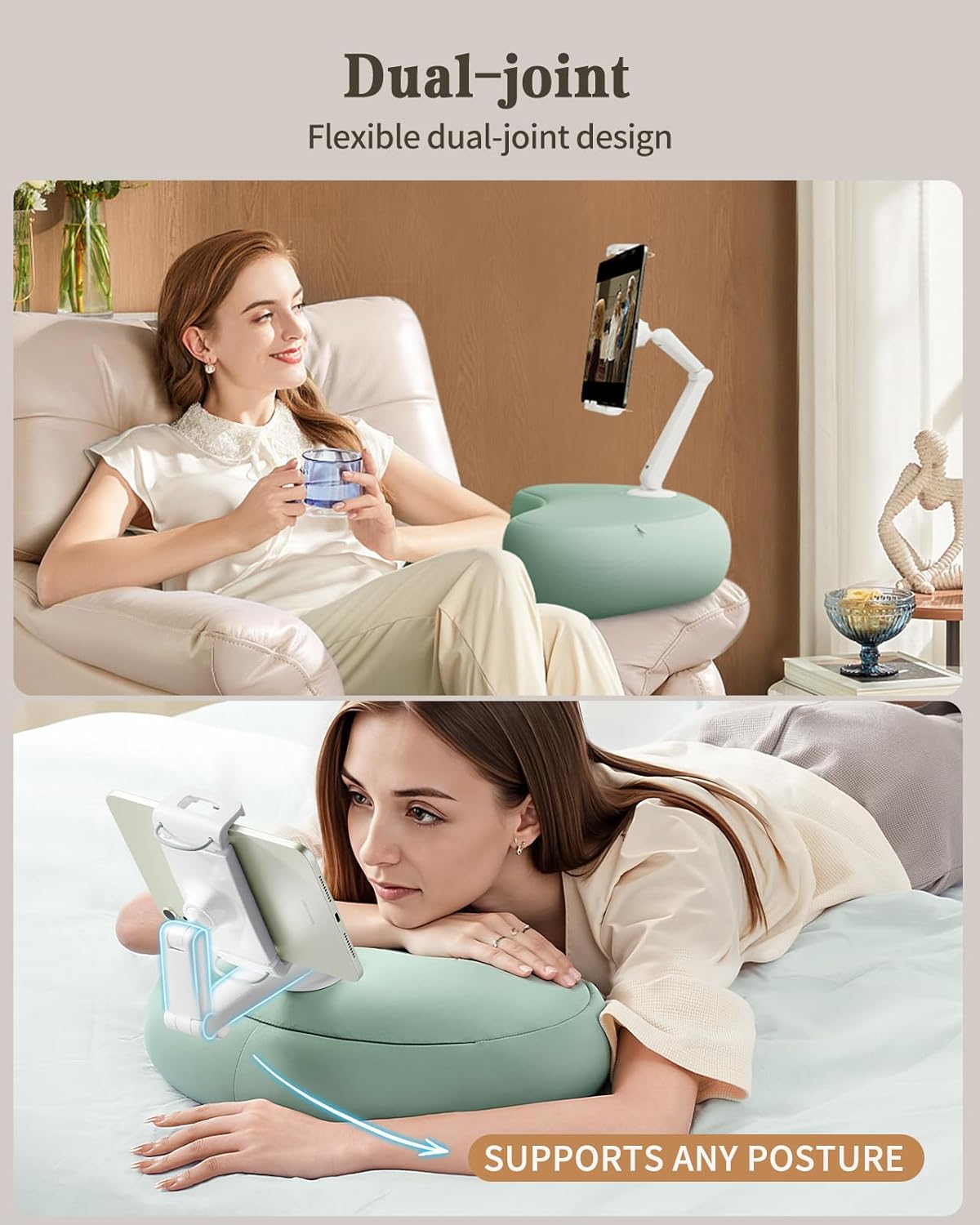 SAIJI Kindle Pillow Stand, iPad Stand Compatible with 4.7”-15.6” Kindle, Phone, iPad, 360° Adjustable Tablet Holder for Bed with Flexible Dual Axis Arm and Microbead Cushion (Cyan)